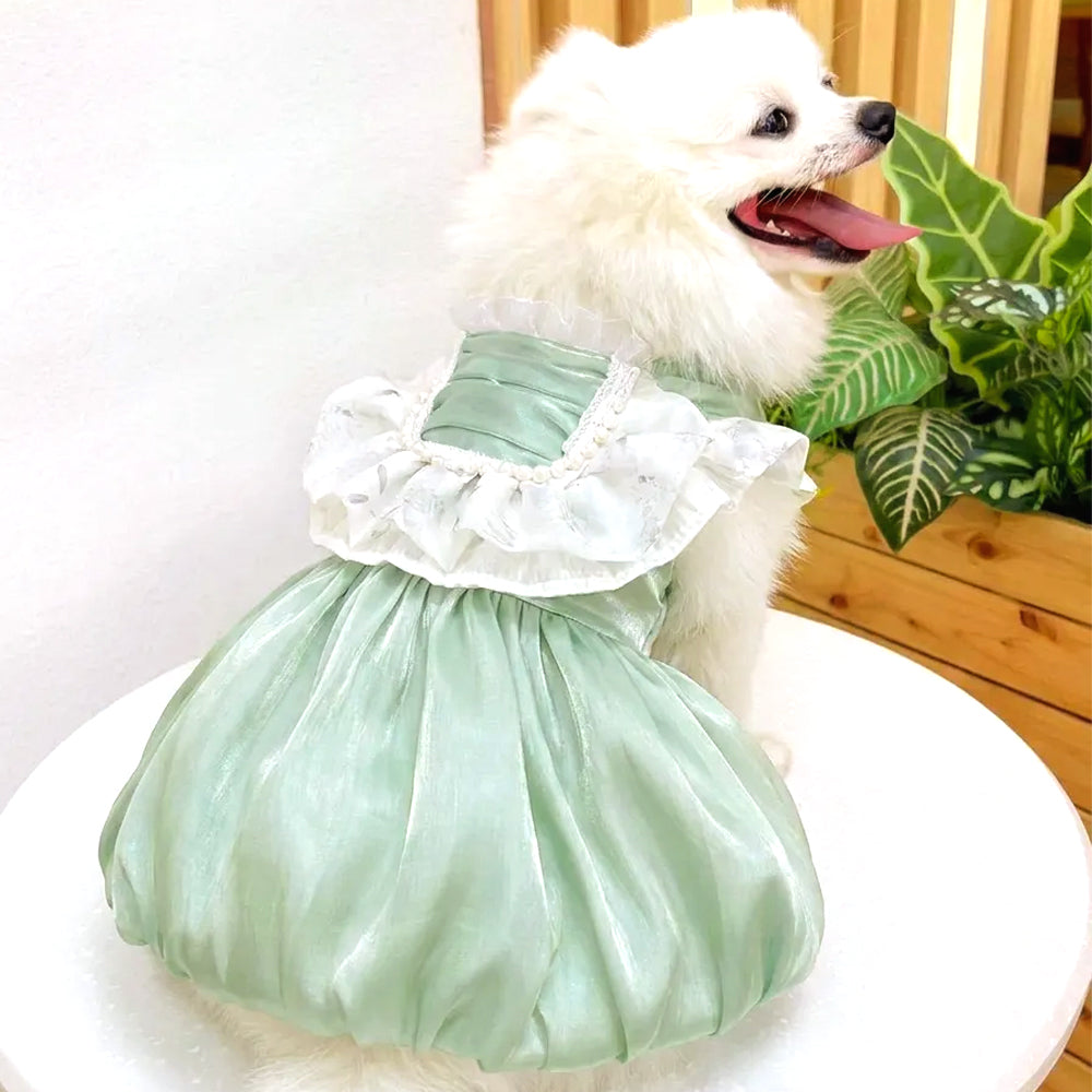 [Fat Watermelon] Pearlescent Green Pearl Pet Princess Dress, Sleeveless Ruffle Formal Gown for Cats & Dogs