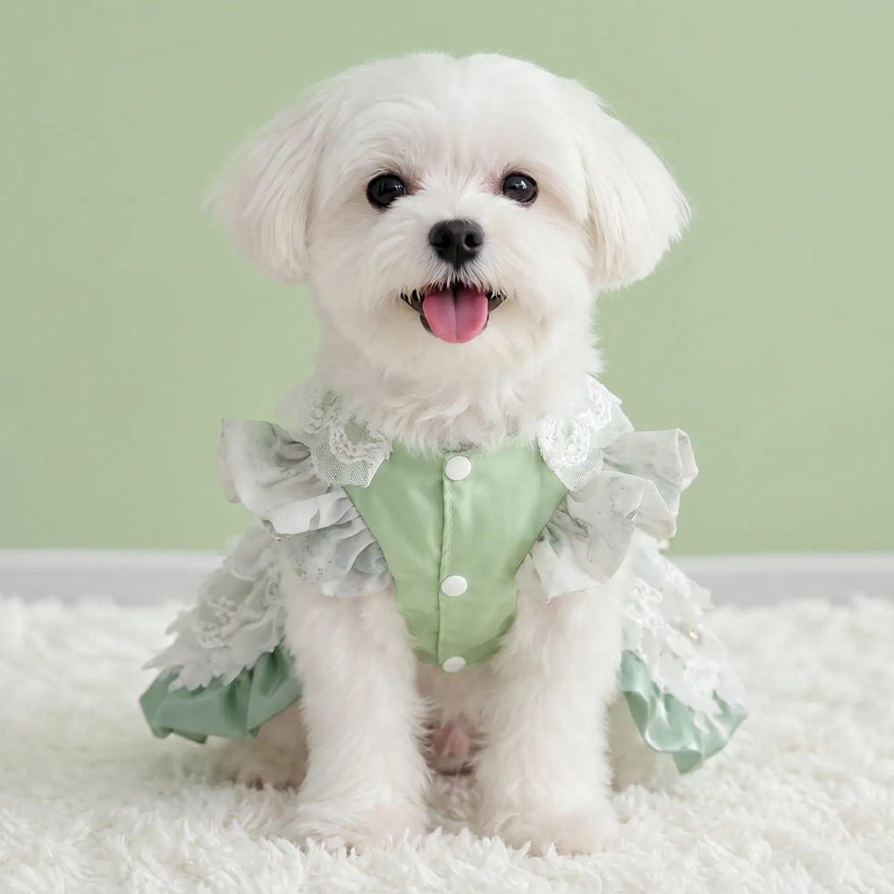 Forest-style mint green organza pet dress with pearl lace—fluffy party dress for cats and small dogs
