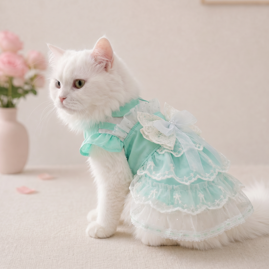 Mint‑Green Lace Dog Wedding Dress, Princess Tutu Skirt with Bow‑Knot, Summer Breathable Pet Party Outfit for Small Dogs Cats, Bichon, Poodle, Teddy