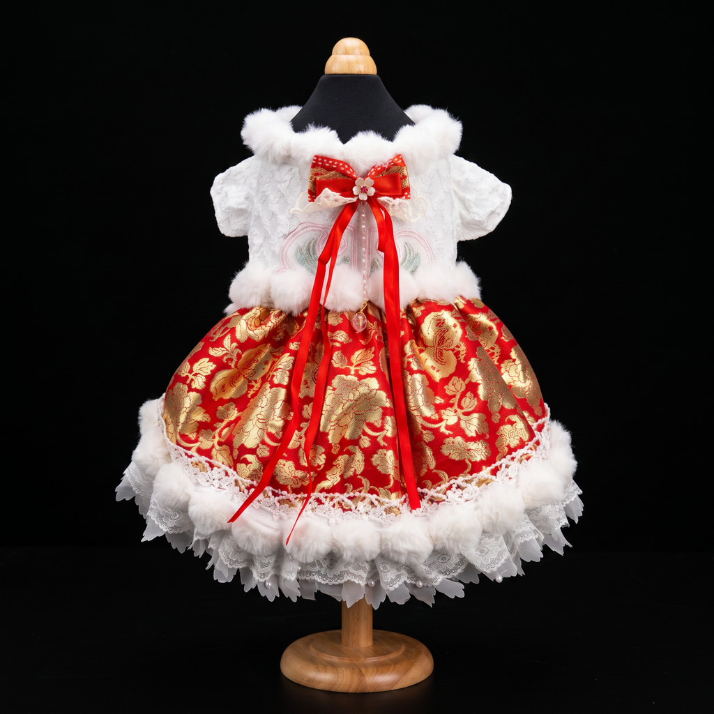 [Chubby Melon]Red & White New Year Pet Lolita Dress, Gold Peony Jacquard Faux Fur Lace Winter Puppy Festival Costume