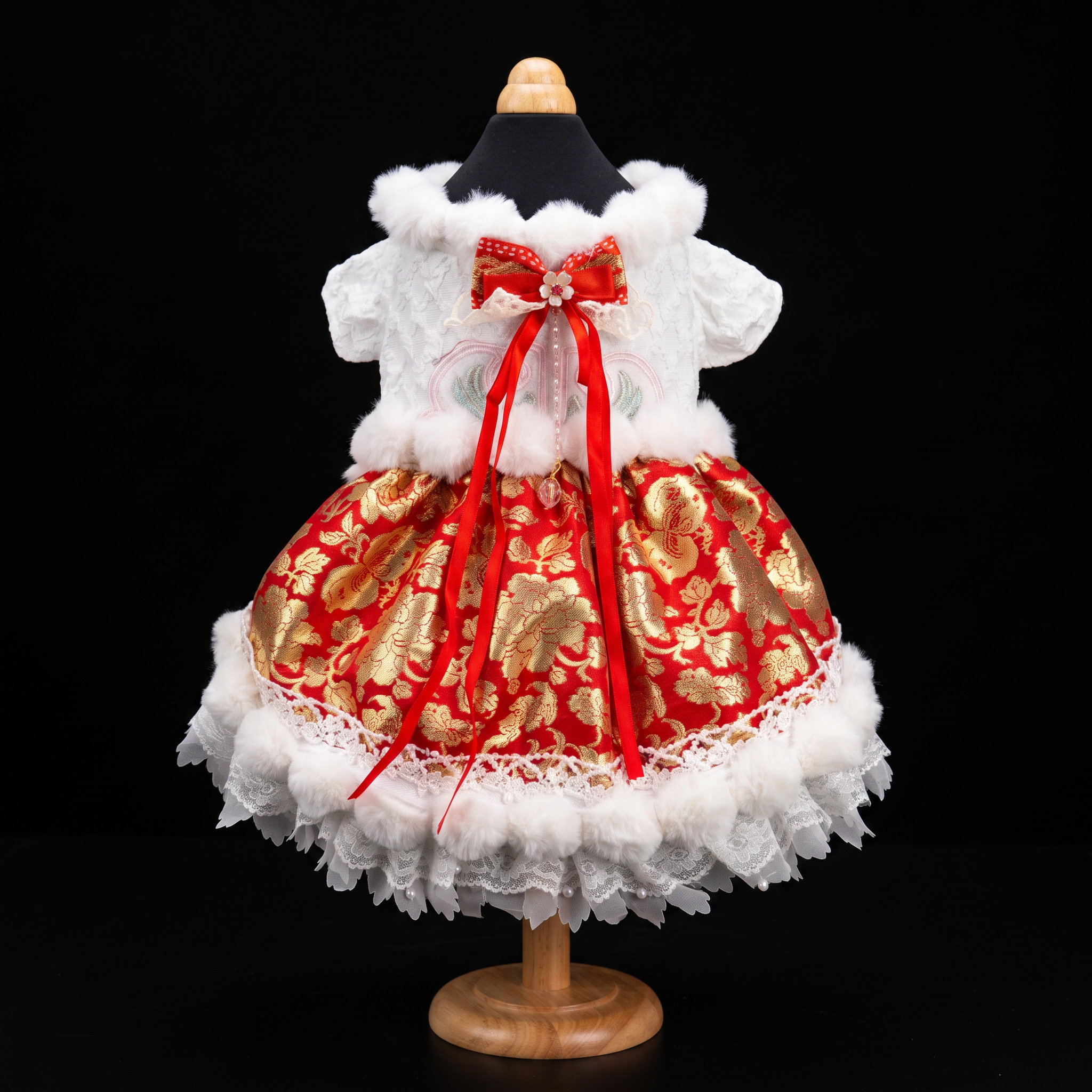 [Chubby Melon]Red & White New Year Pet Lolita Dress, Gold Peony Jacquard Faux Fur Lace Winter Puppy Festival Costume