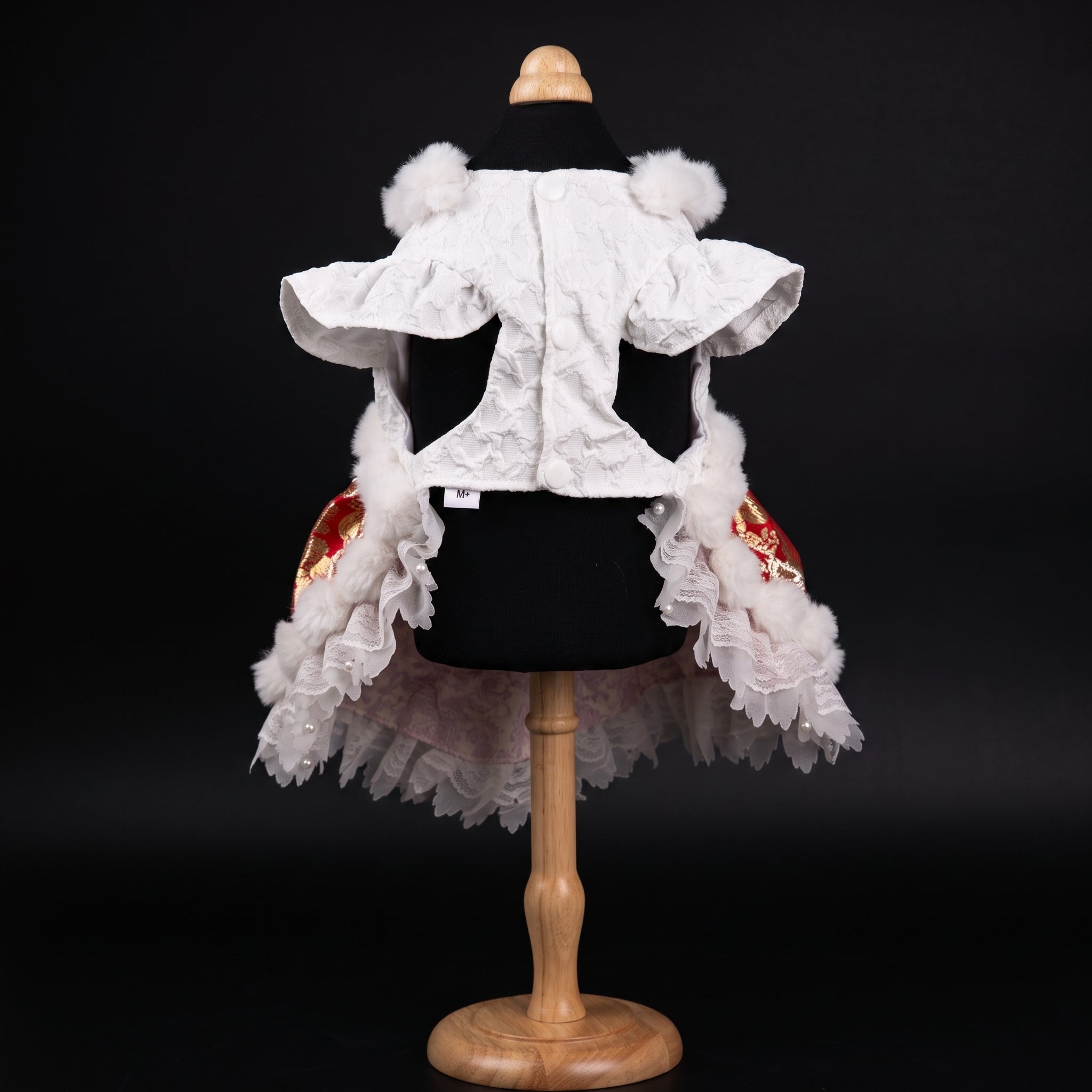 [Chubby Melon]Red & White New Year Pet Lolita Dress, Gold Peony Jacquard Faux Fur Lace Winter Puppy Festival Costume