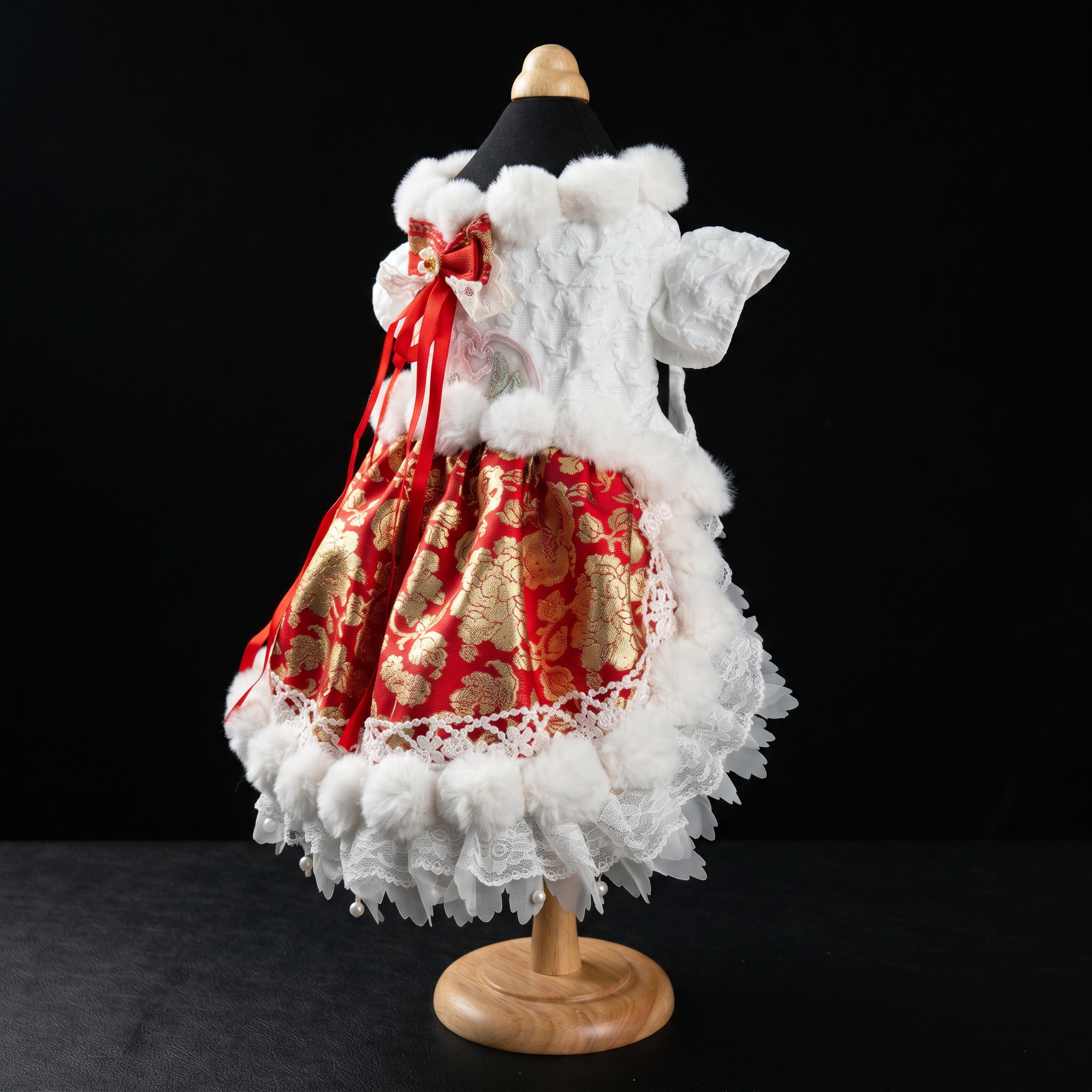[Chubby Melon]Red & White New Year Pet Lolita Dress, Gold Peony Jacquard Faux Fur Lace Winter Puppy Festival Costume