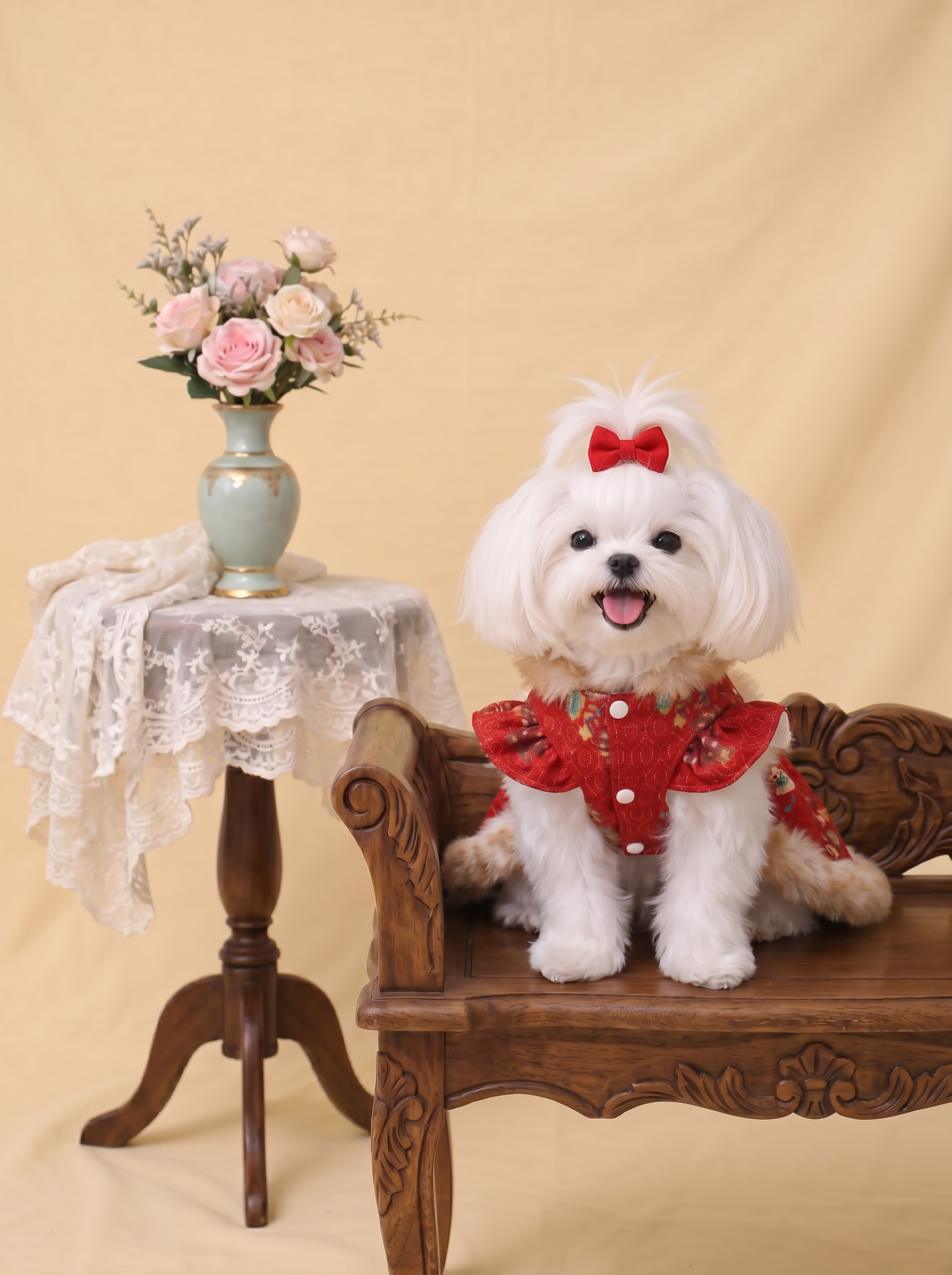 [Chubby Melon]Christmas Winter Dress for Dogs, Luxury Red Pet Gown with Fluffy Fur Trim, Vintage Floral Warm Outfit for Small Dogs and Cats, Perfect for Holiday Photoshoots