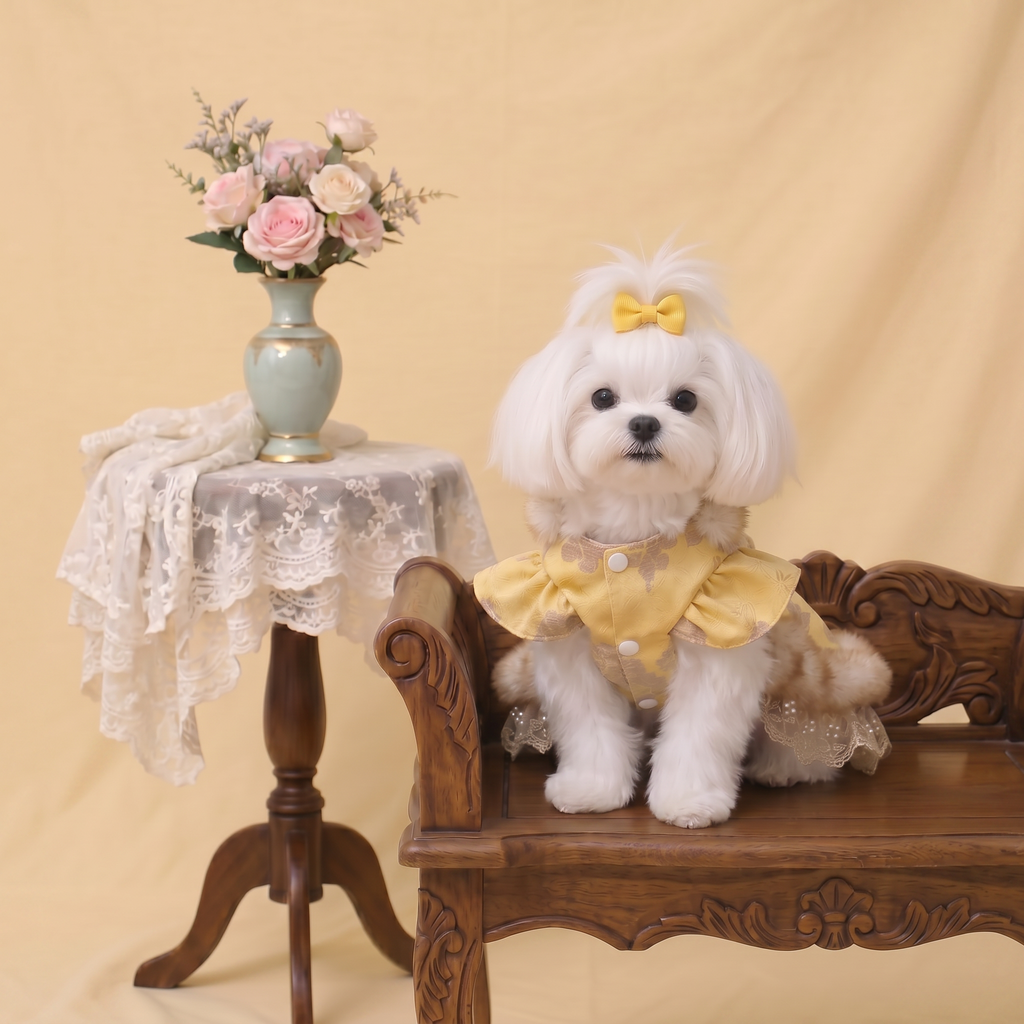 [Pangxigua]Golden Peony Jacquard Chinese Style Pet Dress, Faux Fur Trim Padded Winter Festival Costume for Small Dogs & Cats