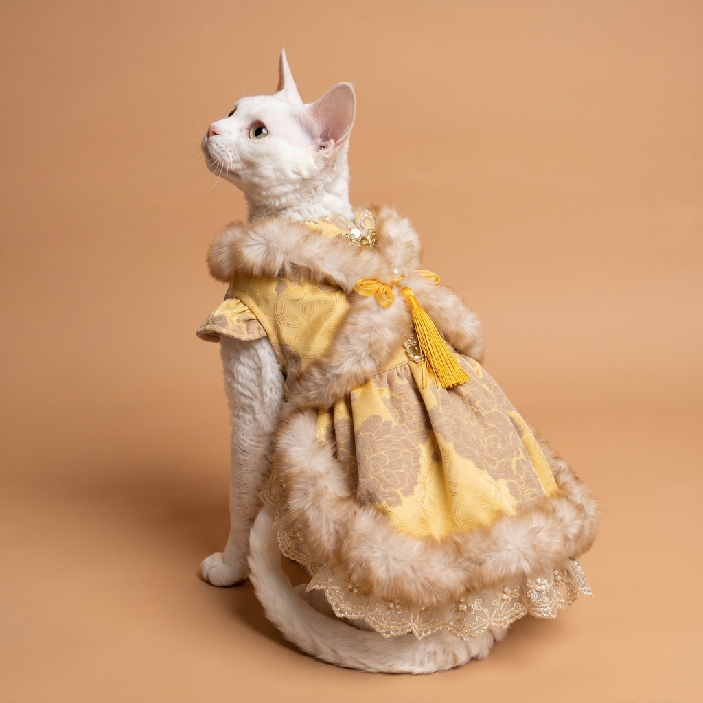 [Pangxigua]Golden Peony Jacquard Chinese Style Pet Dress, Faux Fur Trim Padded Winter Festival Costume for Small Dogs & Cats