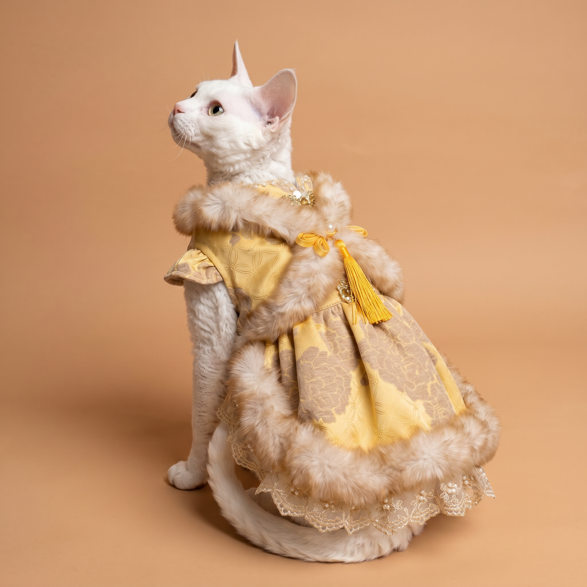 [Pangxigua]Golden Peony Jacquard Chinese Style Pet Dress, Faux Fur Trim Padded Winter Festival Costume for Small Dogs & Cats