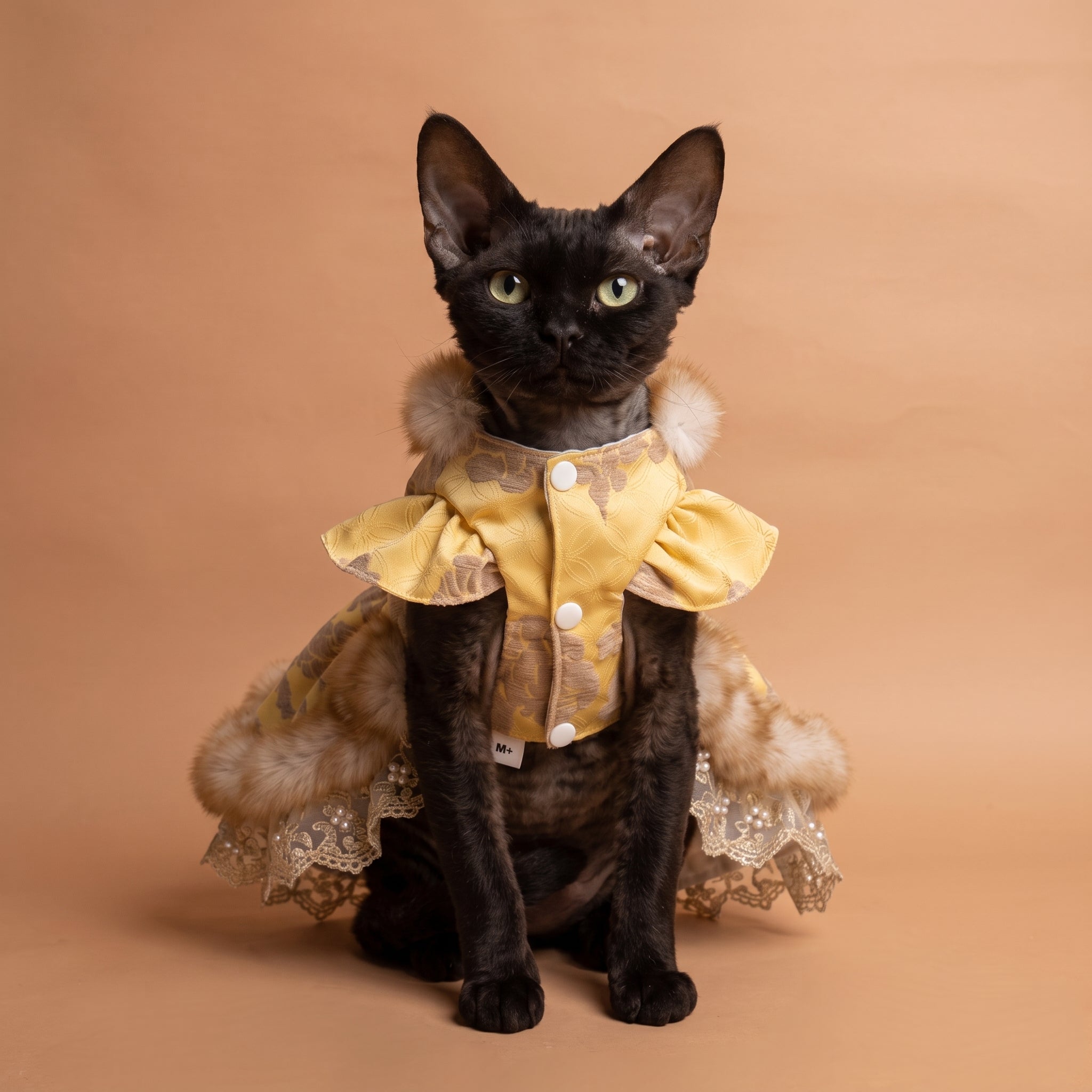 [Pangxigua]Golden Peony Jacquard Chinese Style Pet Dress, Faux Fur Trim Padded Winter Festival Costume for Small Dogs & Cats