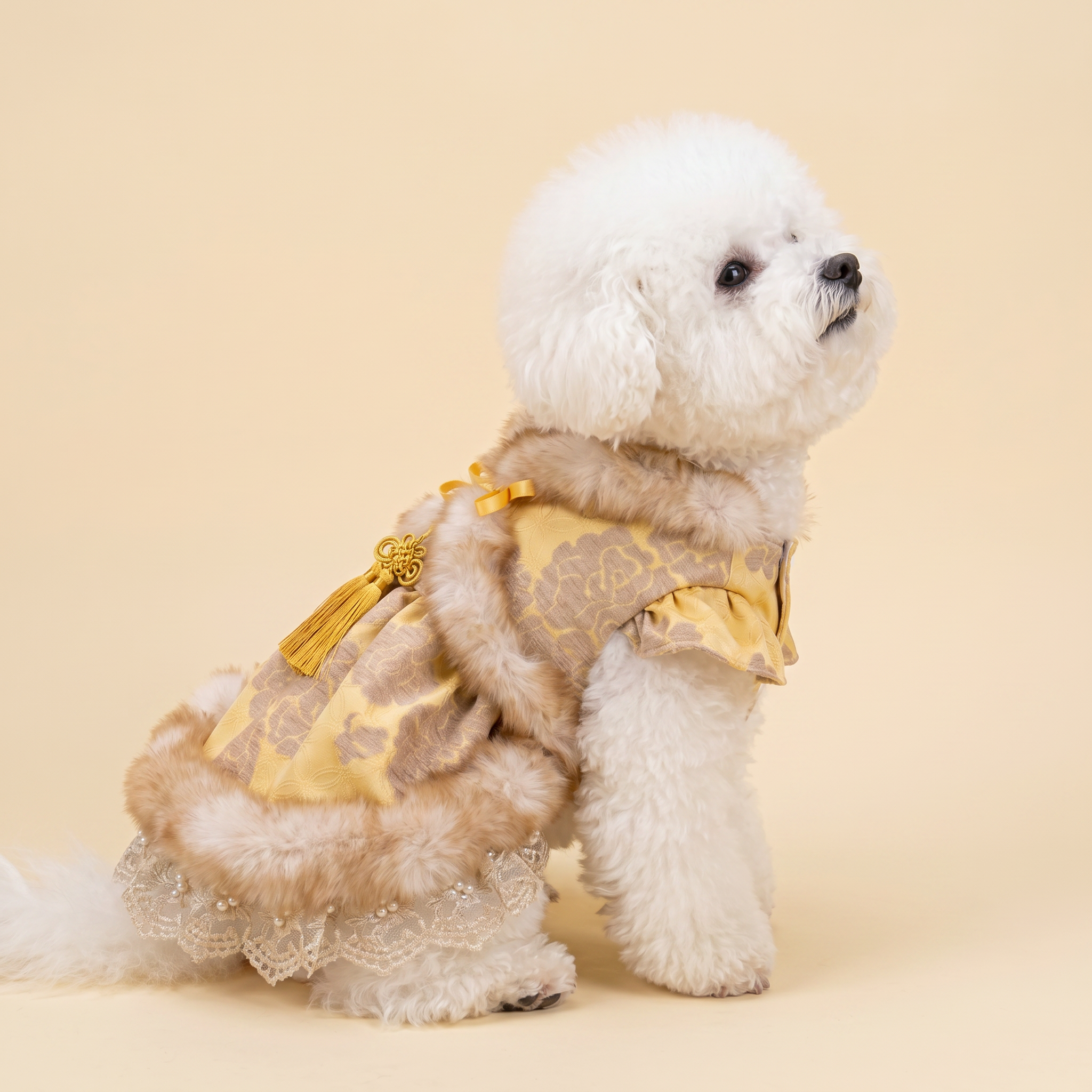 [Pangxigua]Golden Peony Jacquard Chinese Style Pet Dress, Faux Fur Trim Padded Winter Festival Costume for Small Dogs & Cats