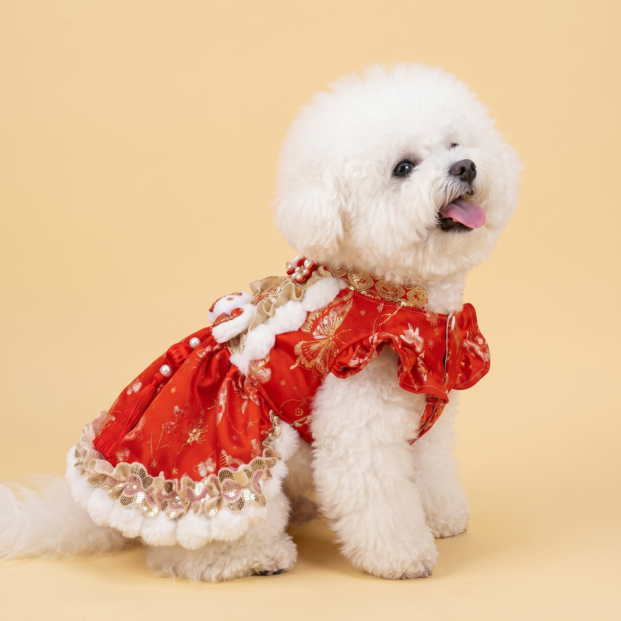 Red & Gold Butterfly Jacquard Pet New Year Qipao Dress, Warm Chinese Style Festive Skirt for Small & Medium Dogs & Cats