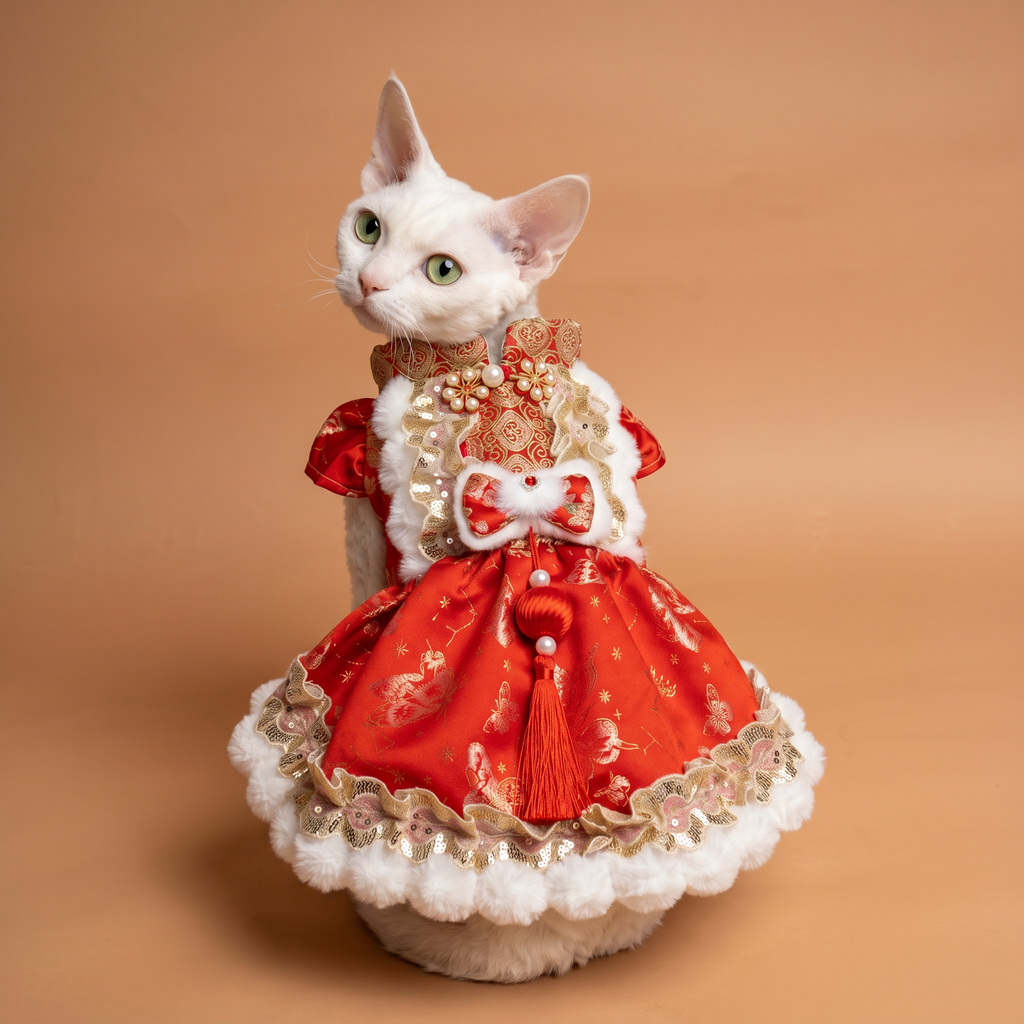 Red & Gold Butterfly Jacquard Pet New Year Qipao Dress, Warm Chinese Style Festive Skirt for Small & Medium Dogs & Cats