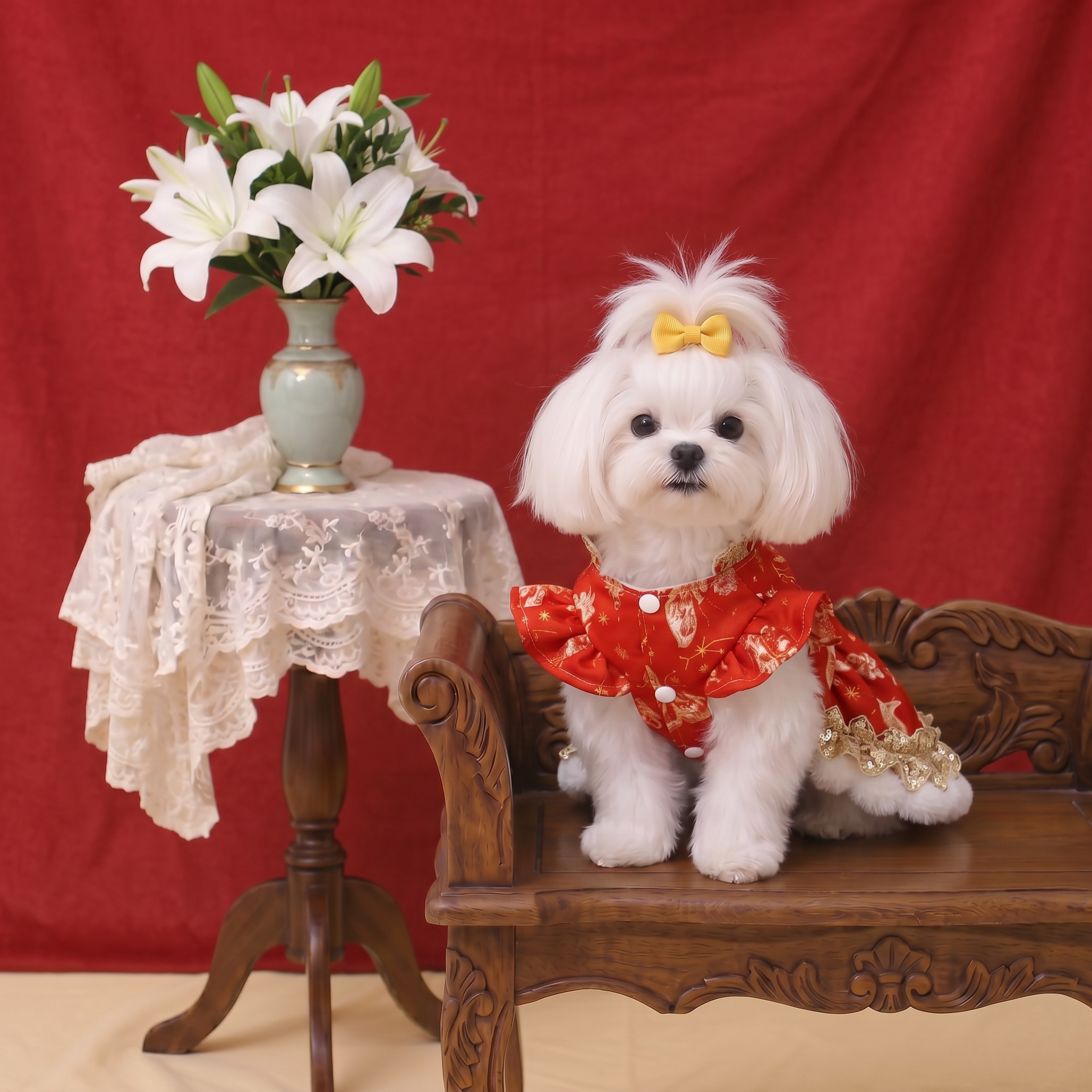 Red & Gold Butterfly Jacquard Pet New Year Qipao Dress, Warm Chinese Style Festive Skirt for Small & Medium Dogs & Cats