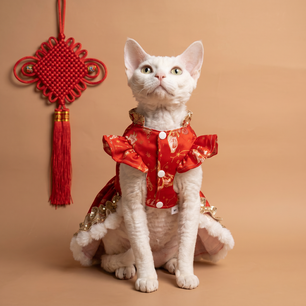 Red & Gold Butterfly Jacquard Pet New Year Qipao Dress, Warm Chinese Style Festive Skirt for Small & Medium Dogs & Cats