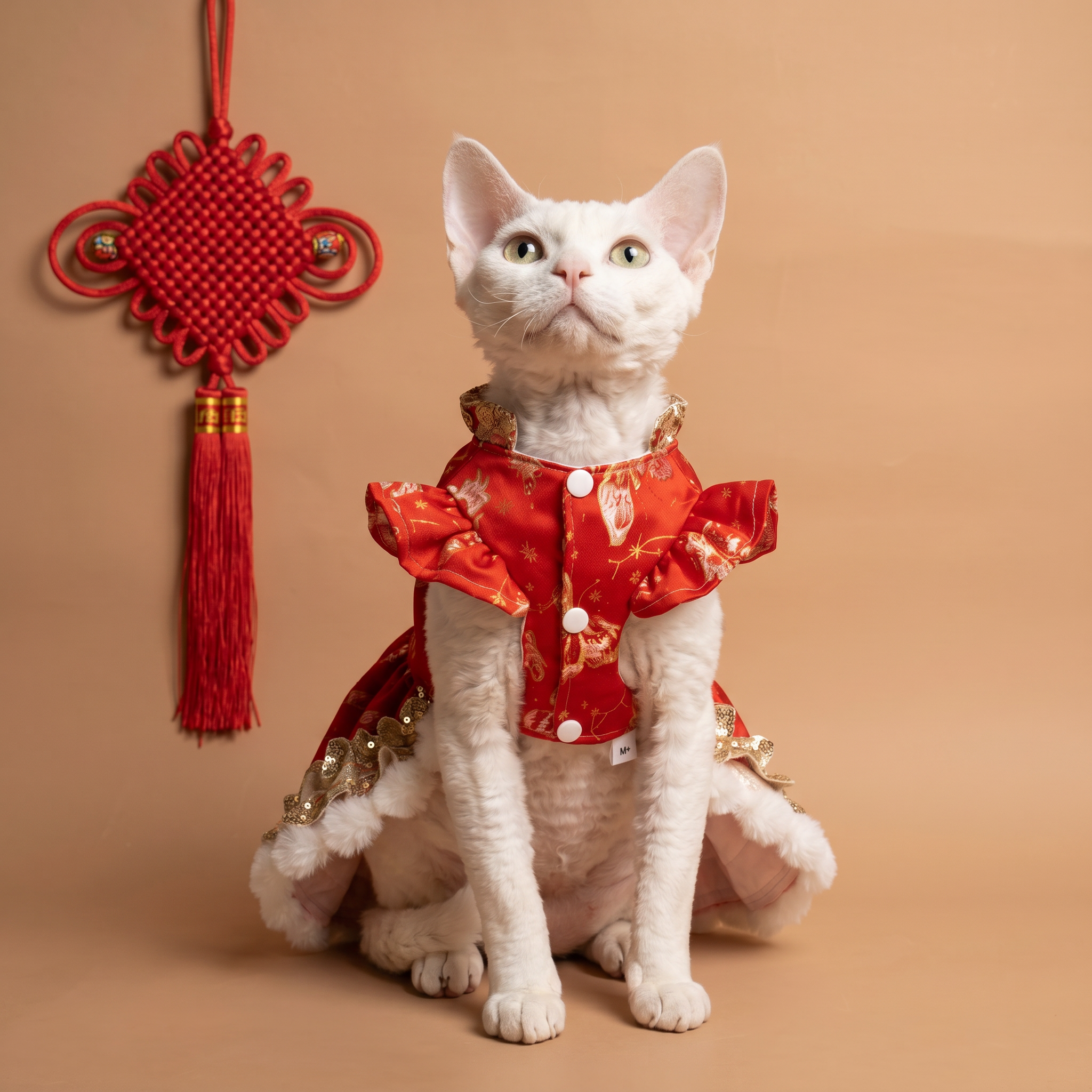 Red & Gold Butterfly Jacquard Pet New Year Qipao Dress, Warm Chinese Style Festive Skirt for Small & Medium Dogs & Cats