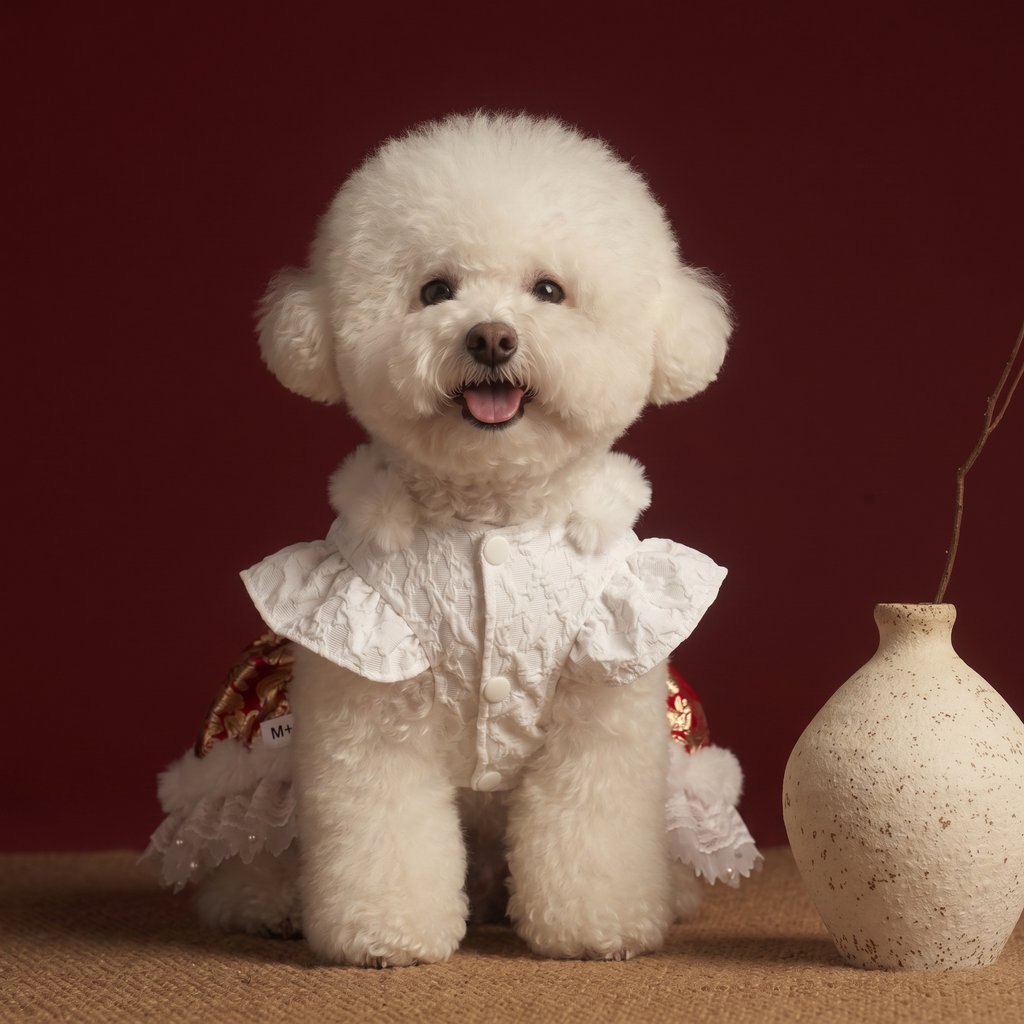 [Chubby Melon]Red & White New Year Pet Lolita Dress, Gold Peony Jacquard Faux Fur Lace Winter Puppy Festival Costume