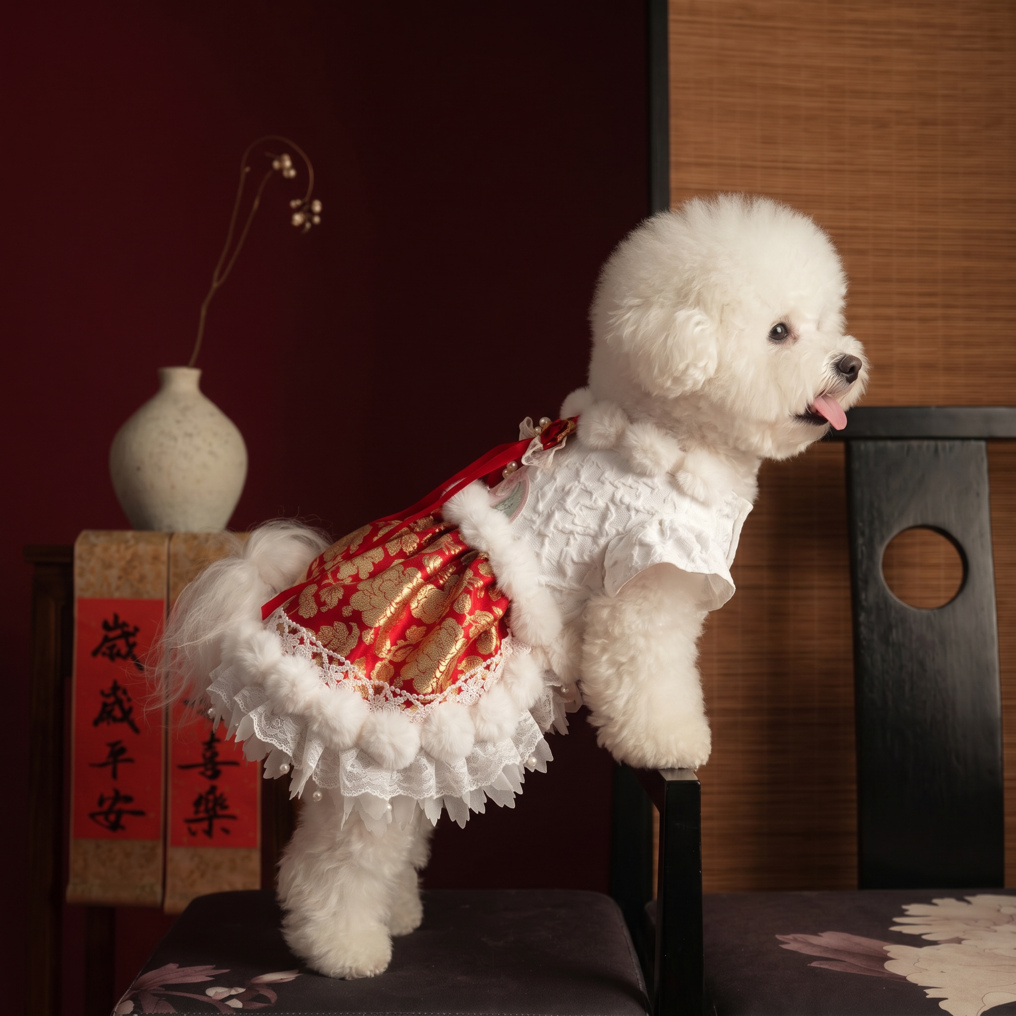 [Chubby Melon]Red & White New Year Pet Lolita Dress, Gold Peony Jacquard Faux Fur Lace Winter Puppy Festival Costume