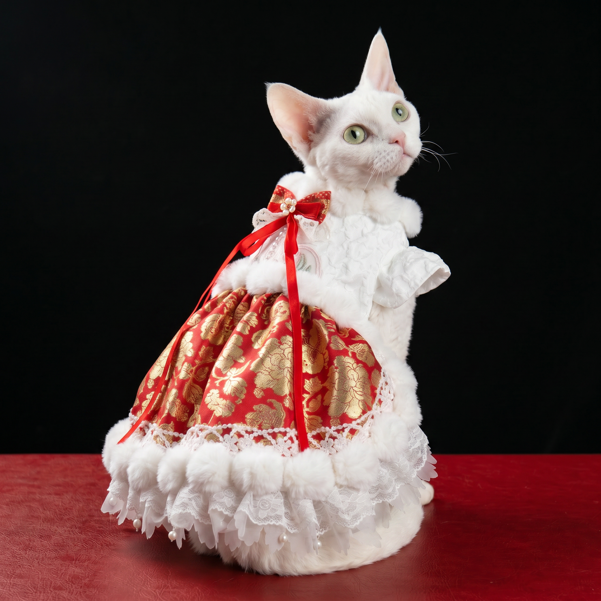 [Chubby Melon]Red & White New Year Pet Lolita Dress, Gold Peony Jacquard Faux Fur Lace Winter Puppy Festival Costume