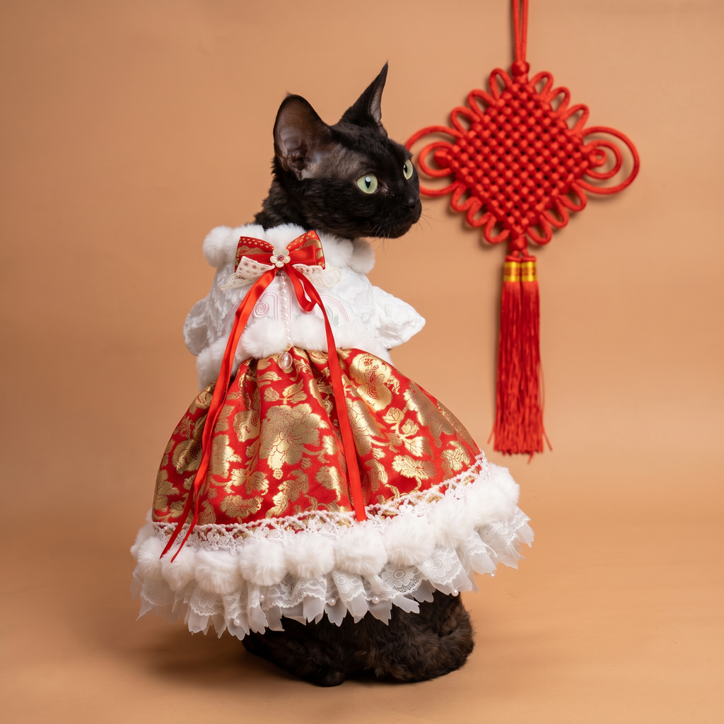 [Chubby Melon]Red & White New Year Pet Lolita Dress, Gold Peony Jacquard Faux Fur Lace Winter Puppy Festival Costume