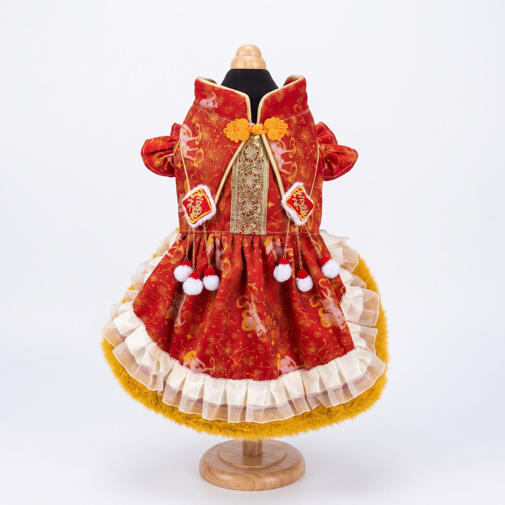 [Pangxigua]Lunar New Year Red Gold Ox Jacquard Pet Qipao Dress, Chinese Knot Button Fu Patch Pom Pom Tassel Winter Warm Puppy Festival Outfit