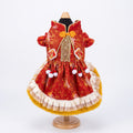 [Pangxigua]Lunar New Year Red Gold Ox Jacquard Pet Qipao Dress, Chinese Knot Button Fu Patch Pom Pom Tassel Winter Warm Puppy Festival Outfit