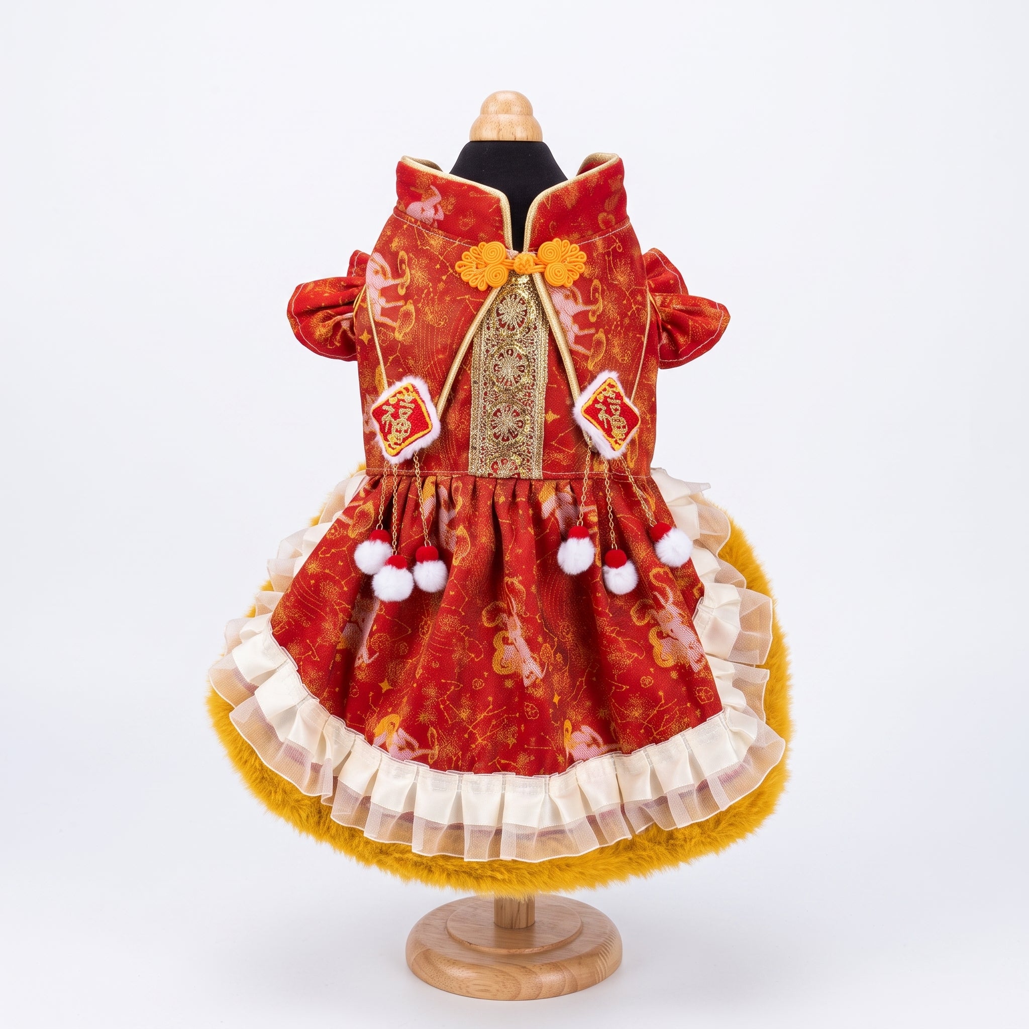 [Pangxigua]Lunar New Year Red Gold Ox Jacquard Pet Qipao Dress, Chinese Knot Button Fu Patch Pom Pom Tassel Winter Warm Puppy Festival Outfit