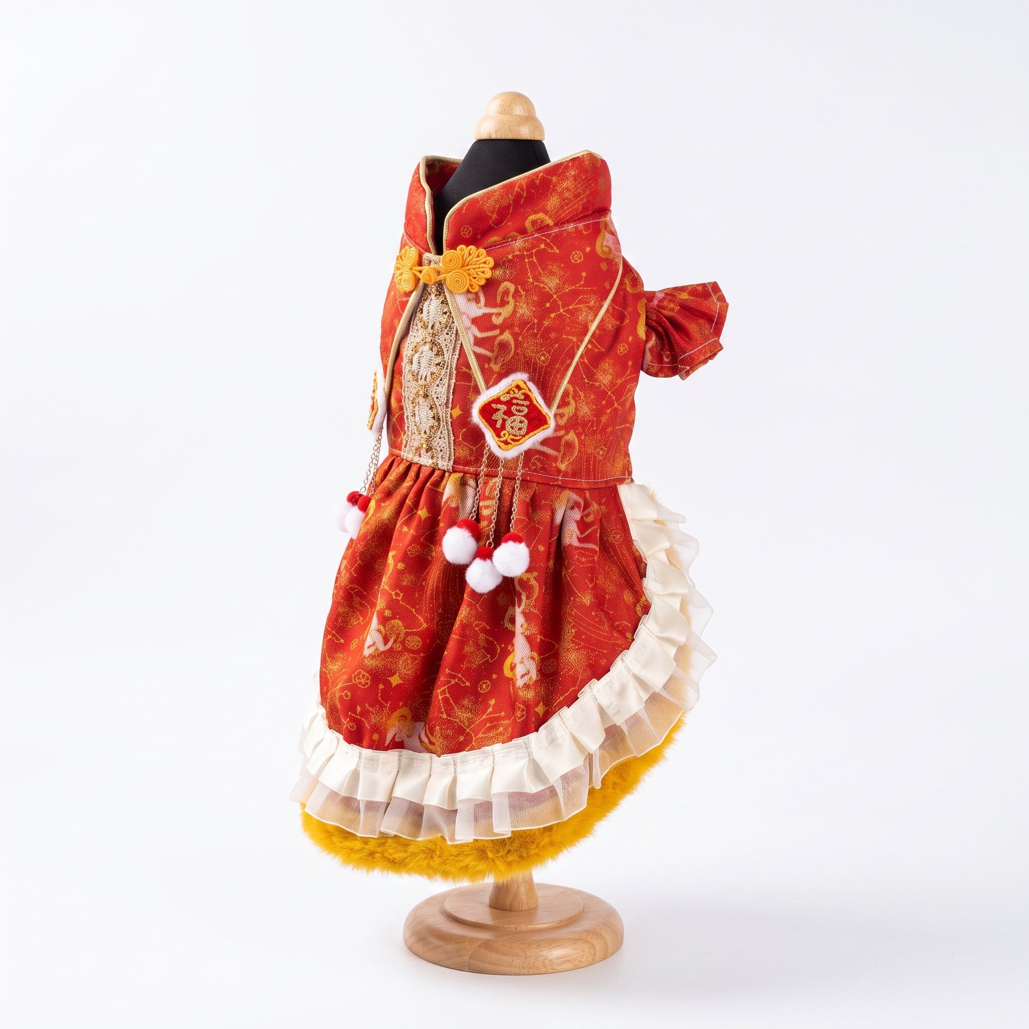 [Pangxigua]Lunar New Year Red Gold Ox Jacquard Pet Qipao Dress, Chinese Knot Button Fu Patch Pom Pom Tassel Winter Warm Puppy Festival Outfit