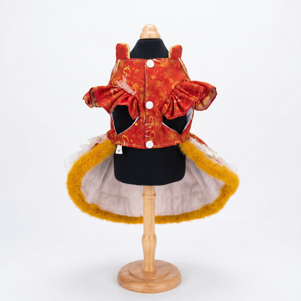 [Pangxigua]Lunar New Year Red Gold Ox Jacquard Pet Qipao Dress, Chinese Knot Button Fu Patch Pom Pom Tassel Winter Warm Puppy Festival Outfit