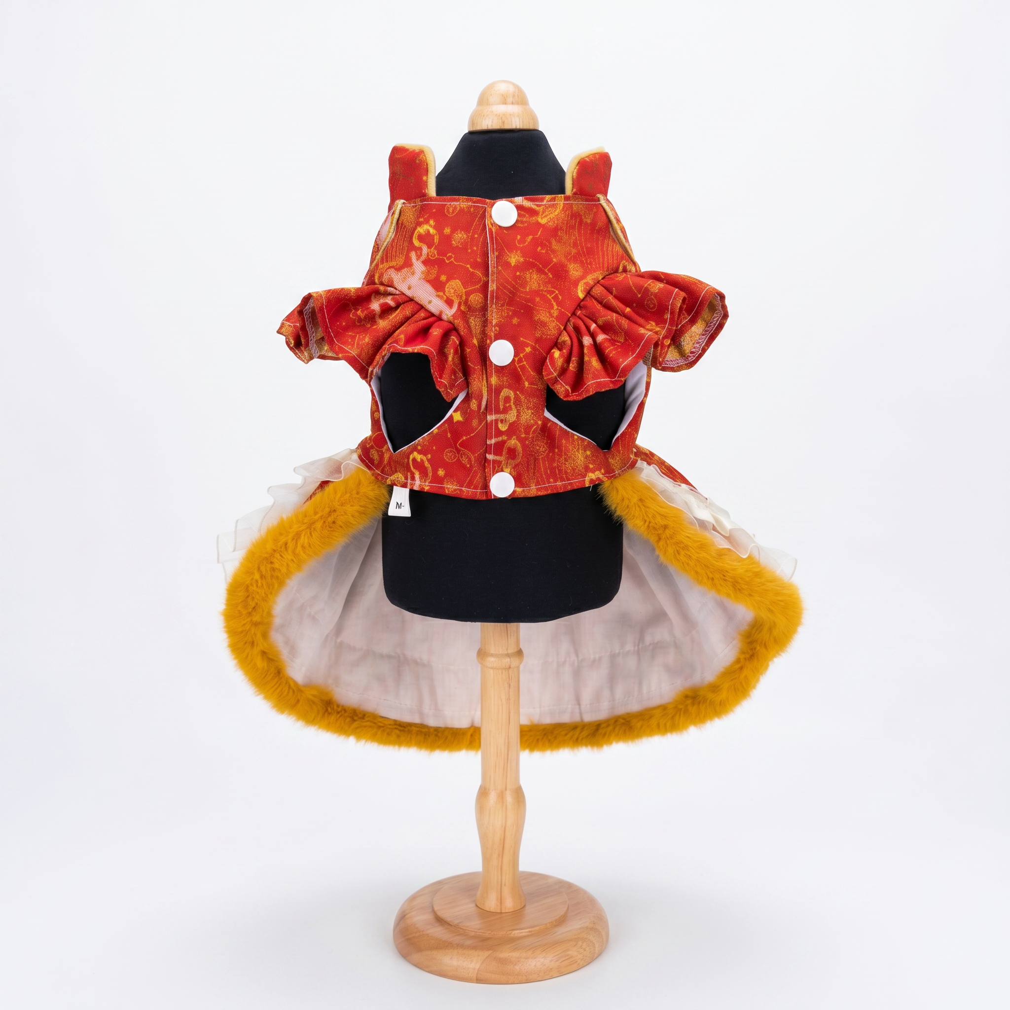 [Pangxigua]Lunar New Year Red Gold Ox Jacquard Pet Qipao Dress, Chinese Knot Button Fu Patch Pom Pom Tassel Winter Warm Puppy Festival Outfit