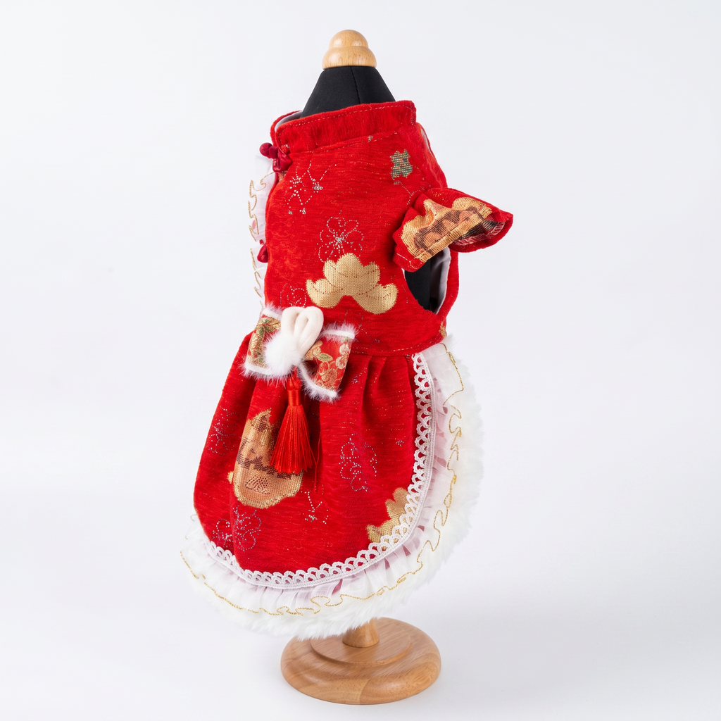 [Chubby Melon]Red Fortune Pattern Pet New Year Qipao Dress, Bunny Bow Tassel Padded Winter Festive Costume for Small Dogs & Cats