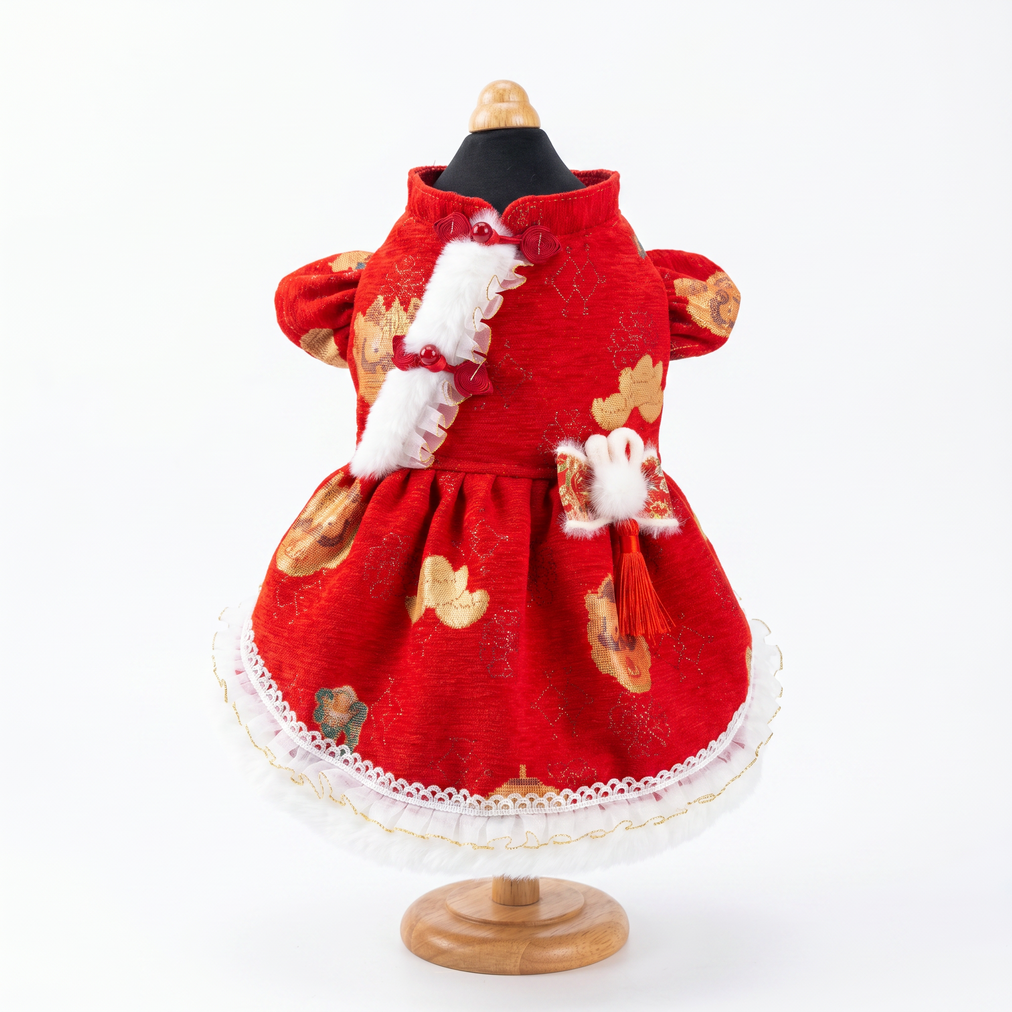 [Chubby Melon]Red Fortune Pattern Pet New Year Qipao Dress, Bunny Bow Tassel Padded Winter Festive Costume for Small Dogs & Cats