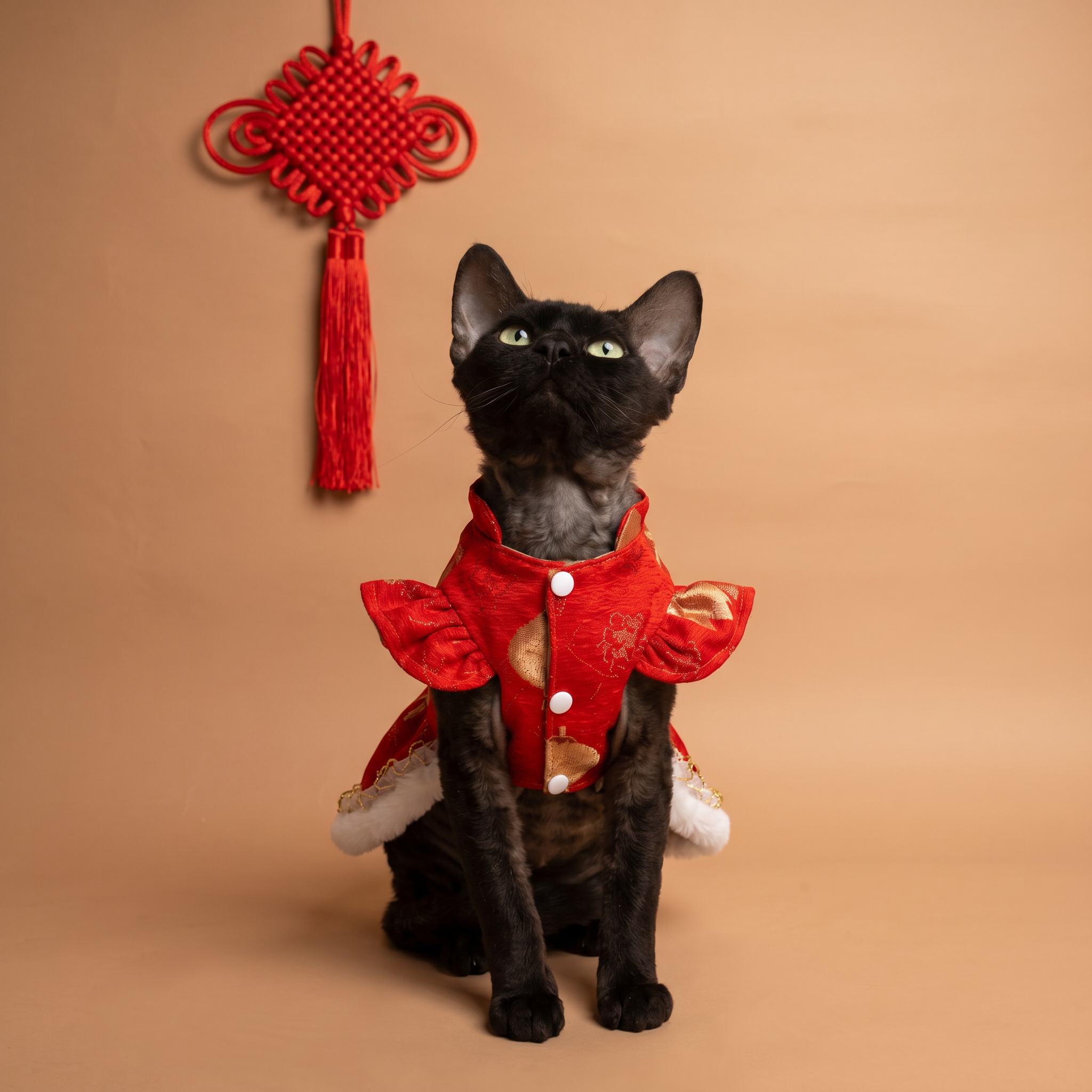 [Chubby Melon]Red Fortune Pattern Pet New Year Qipao Dress, Bunny Bow Tassel Padded Winter Festive Costume for Small Dogs & Cats