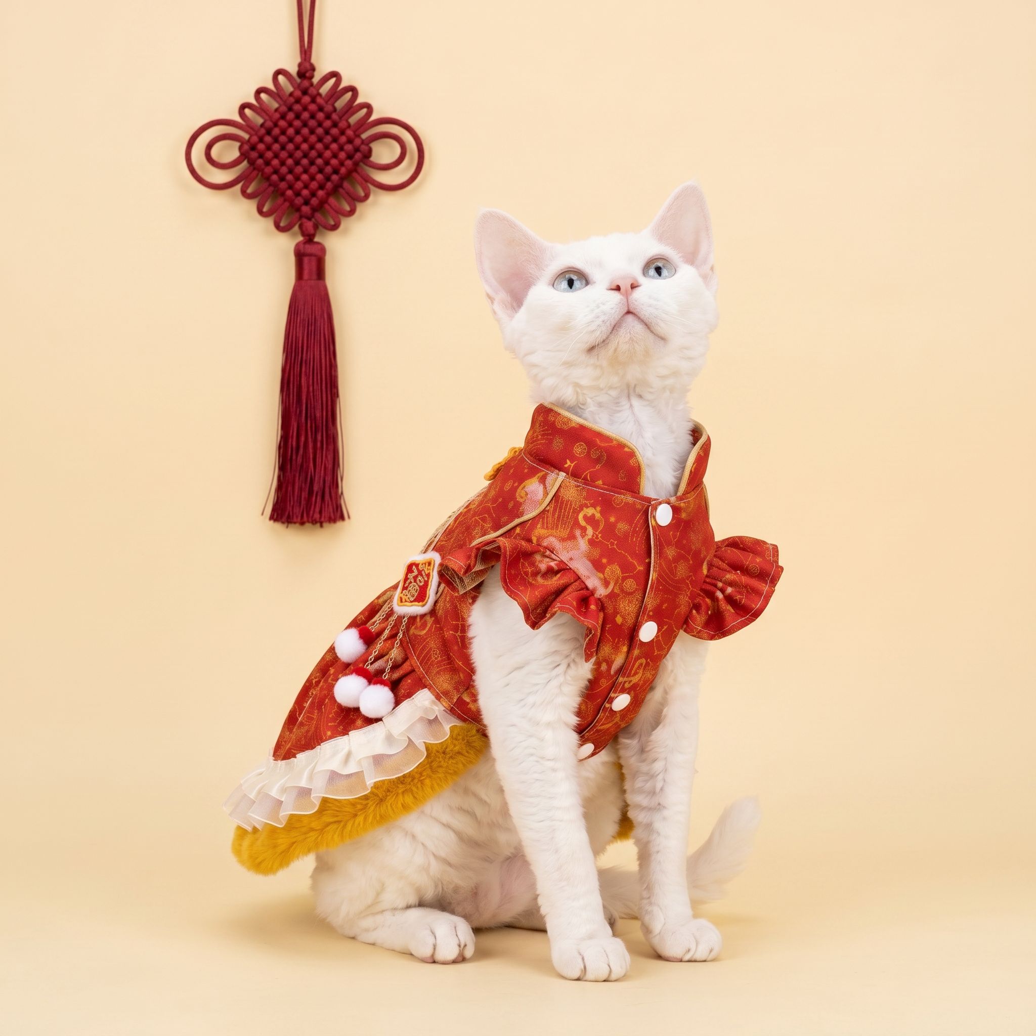 [Pangxigua]Lunar New Year Red Gold Ox Jacquard Pet Qipao Dress, Chinese Knot Button Fu Patch Pom Pom Tassel Winter Warm Puppy Festival Outfit