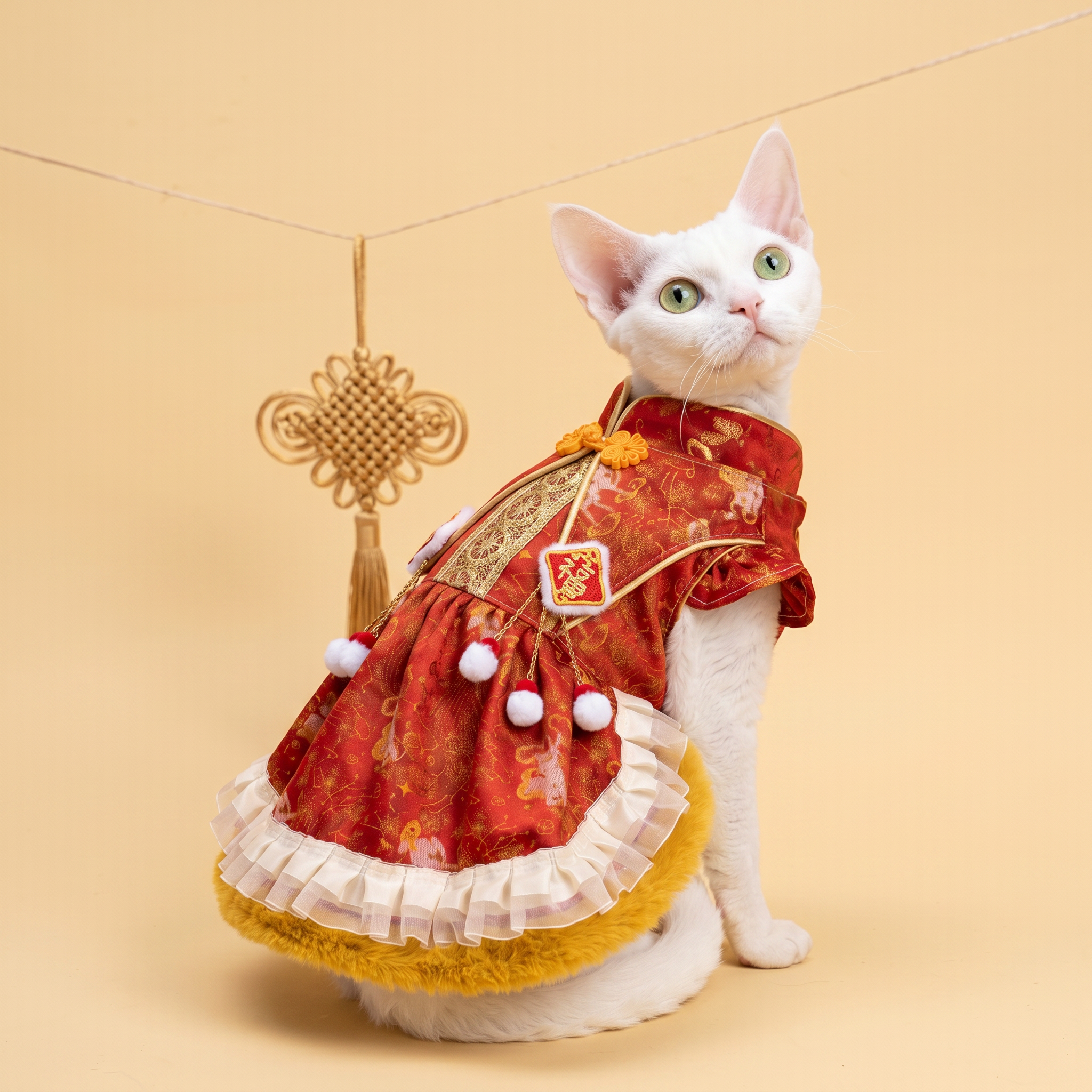 [Pangxigua]Lunar New Year Red Gold Ox Jacquard Pet Qipao Dress, Chinese Knot Button Fu Patch Pom Pom Tassel Winter Warm Puppy Festival Outfit