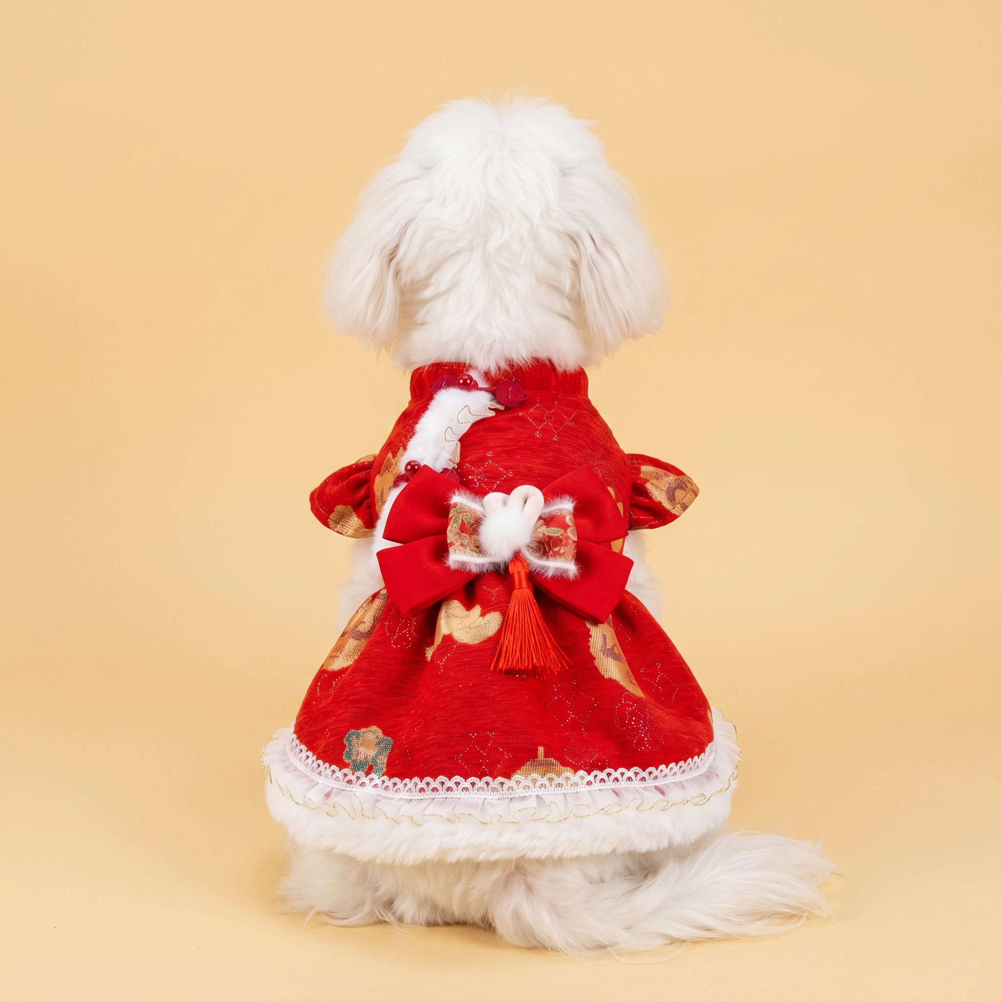 [Chubby Melon]Red Fortune Pattern Pet New Year Qipao Dress, Bunny Bow Tassel Padded Winter Festive Costume for Small Dogs & Cats
