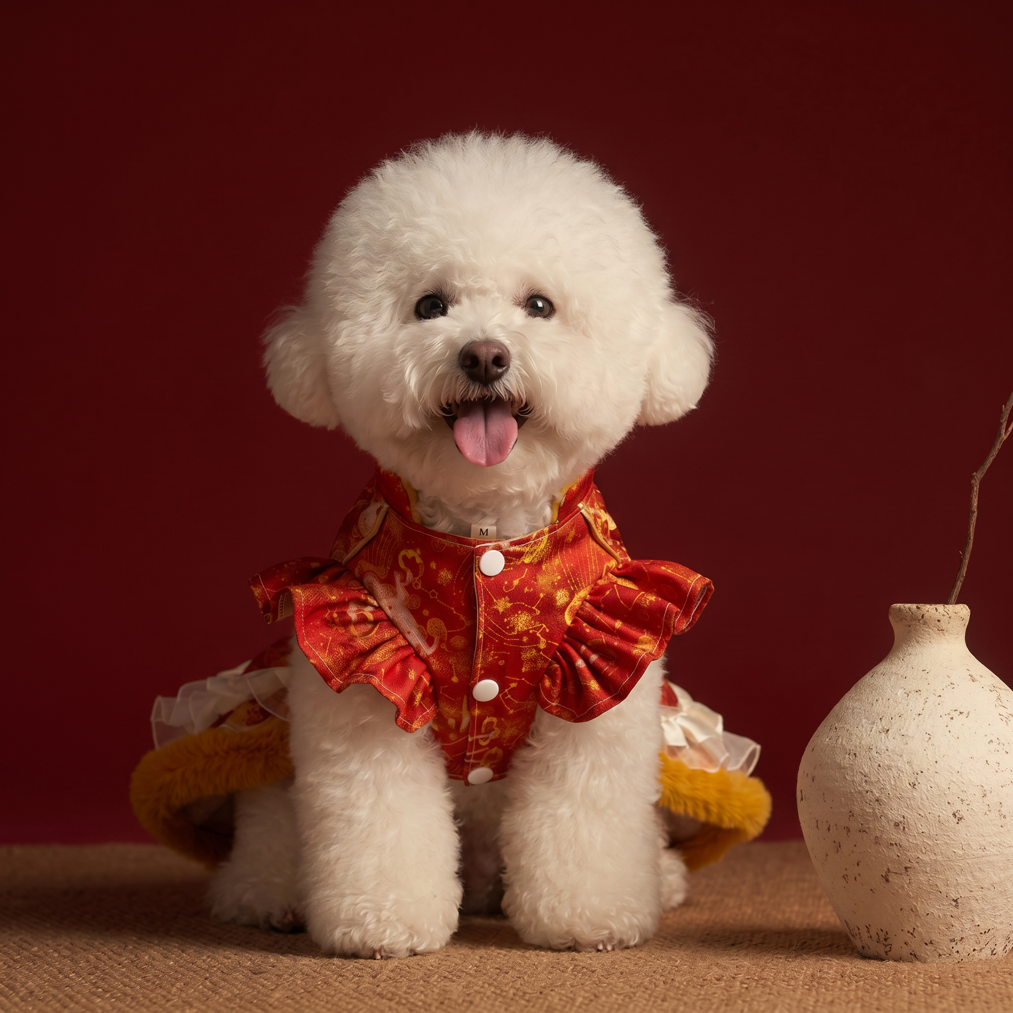 [Pangxigua]Lunar New Year Red Gold Ox Jacquard Pet Qipao Dress, Chinese Knot Button Fu Patch Pom Pom Tassel Winter Warm Puppy Festival Outfit