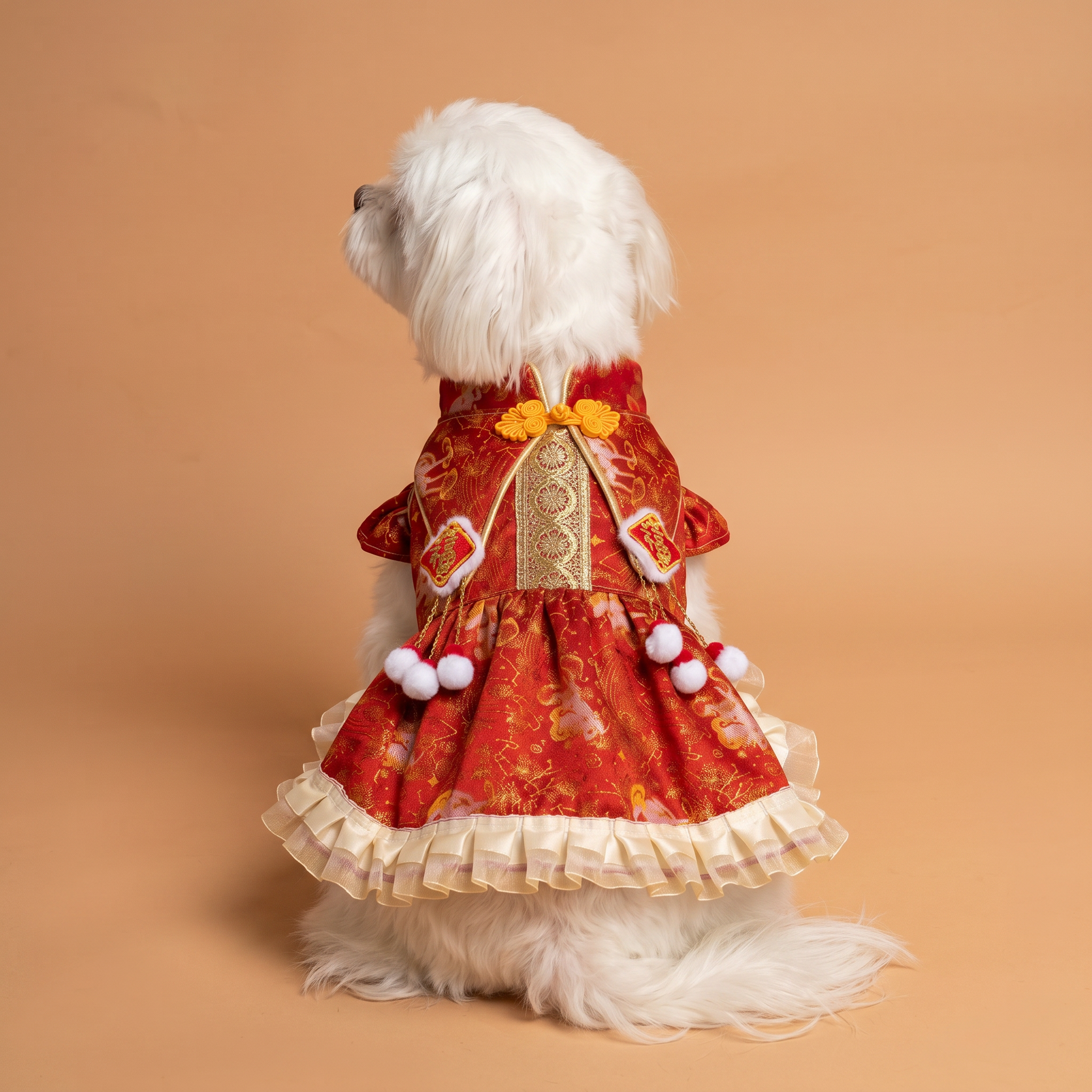 [Pangxigua]Lunar New Year Red Gold Ox Jacquard Pet Qipao Dress, Chinese Knot Button Fu Patch Pom Pom Tassel Winter Warm Puppy Festival Outfit