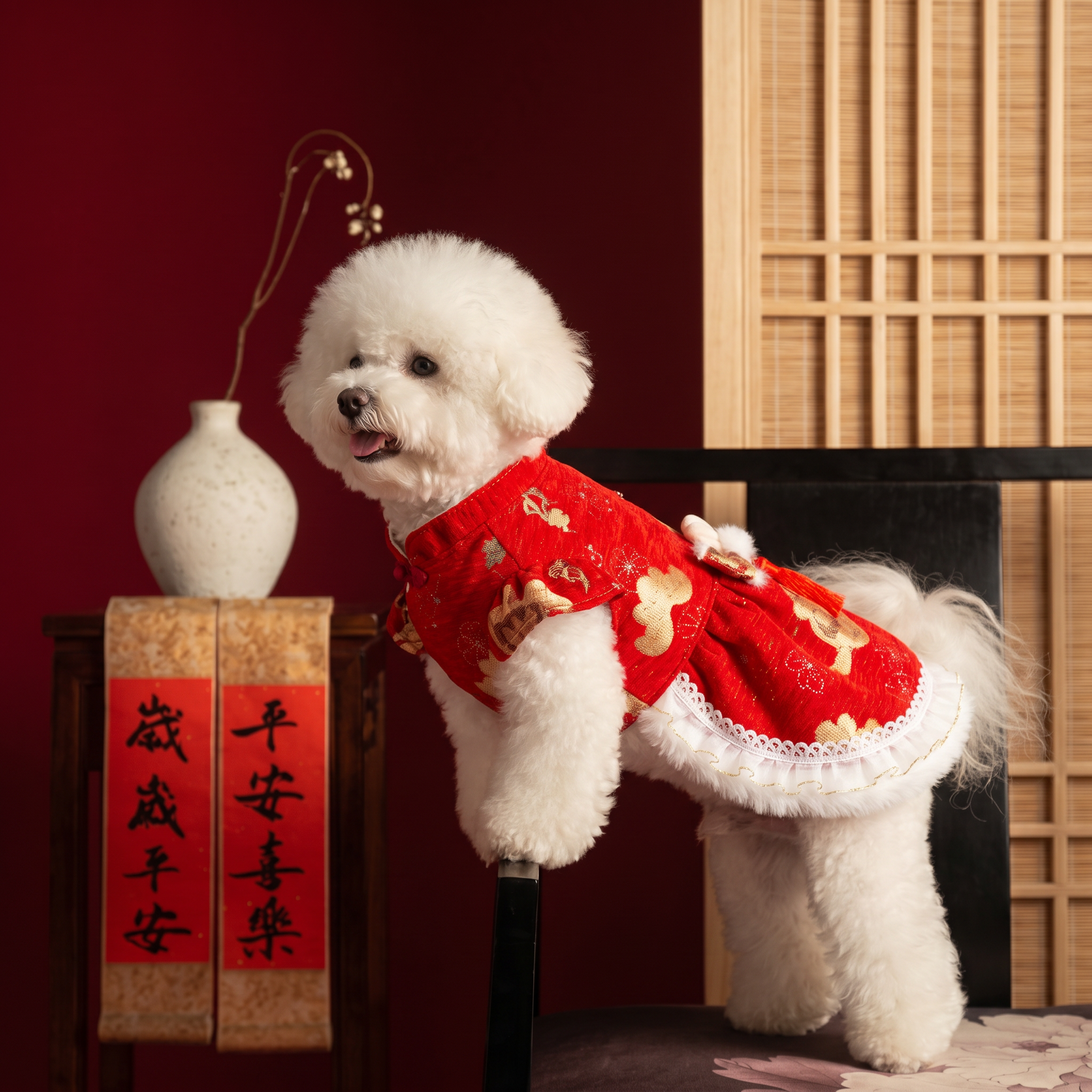 [Chubby Melon]Red Fortune Pattern Pet New Year Qipao Dress, Bunny Bow Tassel Padded Winter Festive Costume for Small Dogs & Cats