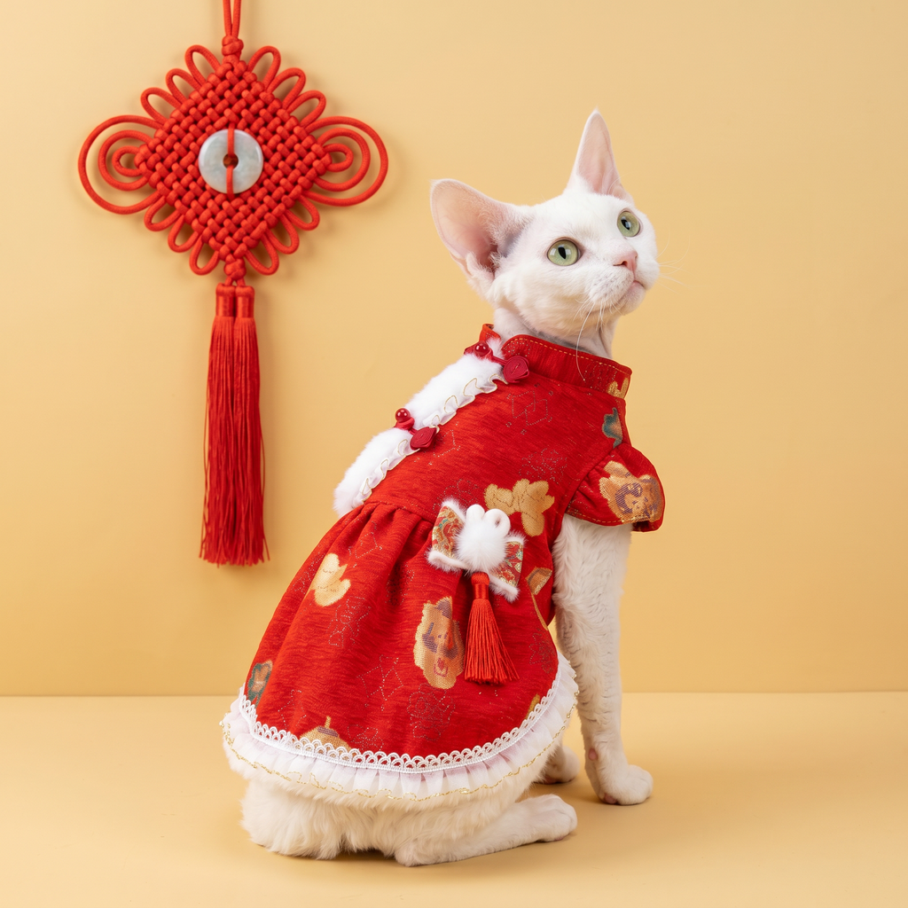 [Chubby Melon]Red Fortune Pattern Pet New Year Qipao Dress, Bunny Bow Tassel Padded Winter Festive Costume for Small Dogs & Cats