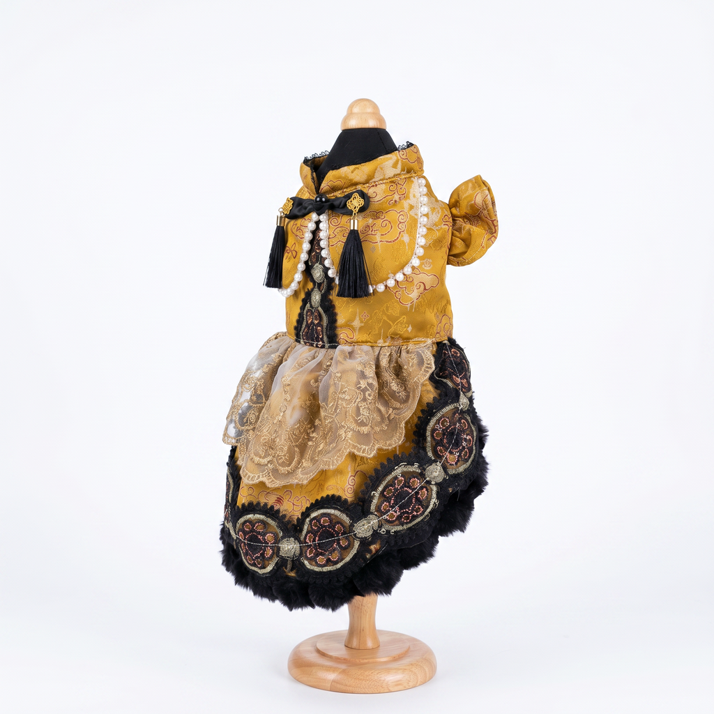 [chubby melon]Vintage Golden Jacquard Chinese Style Pet Lolita Dress, Frog Button Tassel Faux Fur Winter Costume for Small Dogs & Cats
