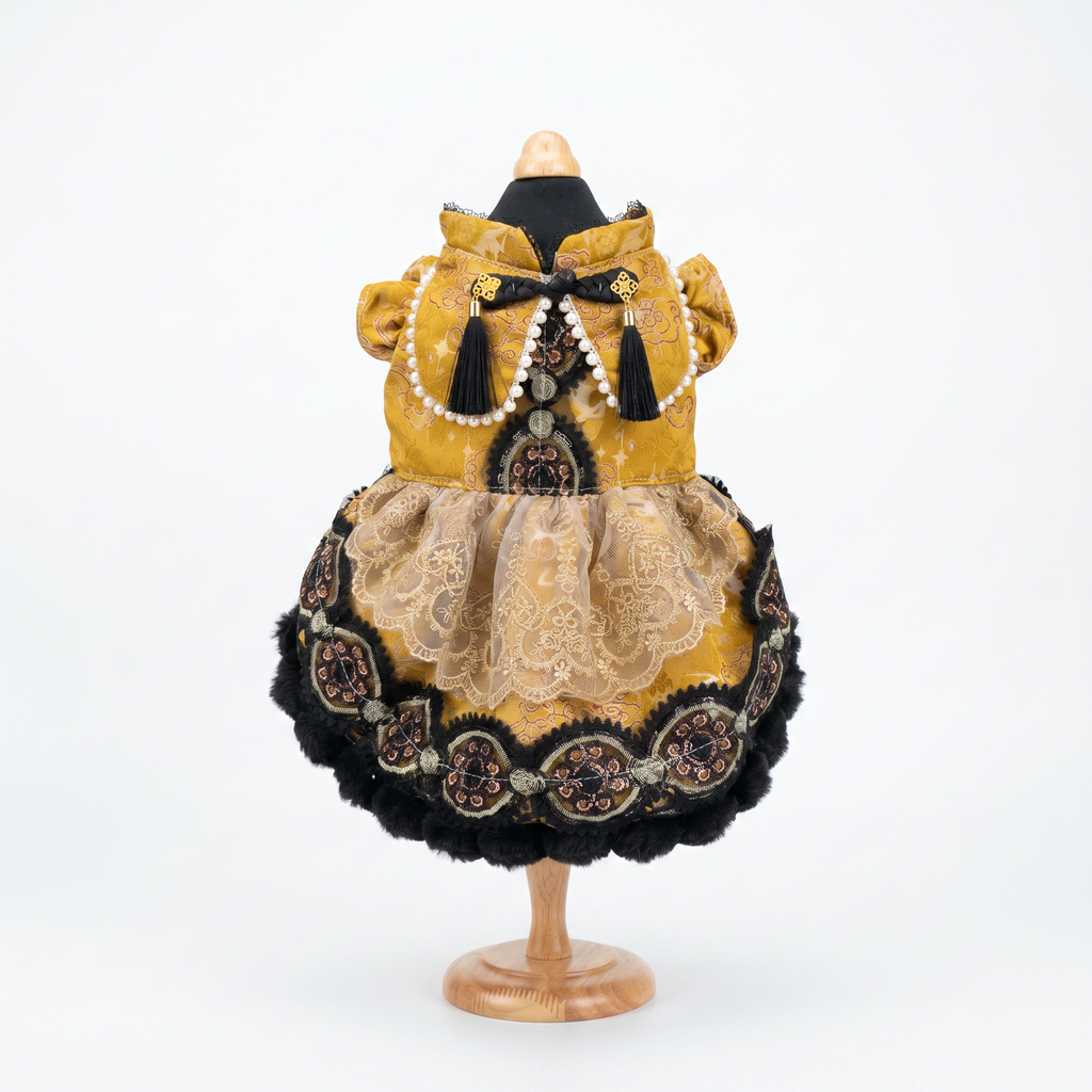 [chubby melon]Vintage Golden Jacquard Chinese Style Pet Lolita Dress, Frog Button Tassel Faux Fur Winter Costume for Small Dogs & Cats