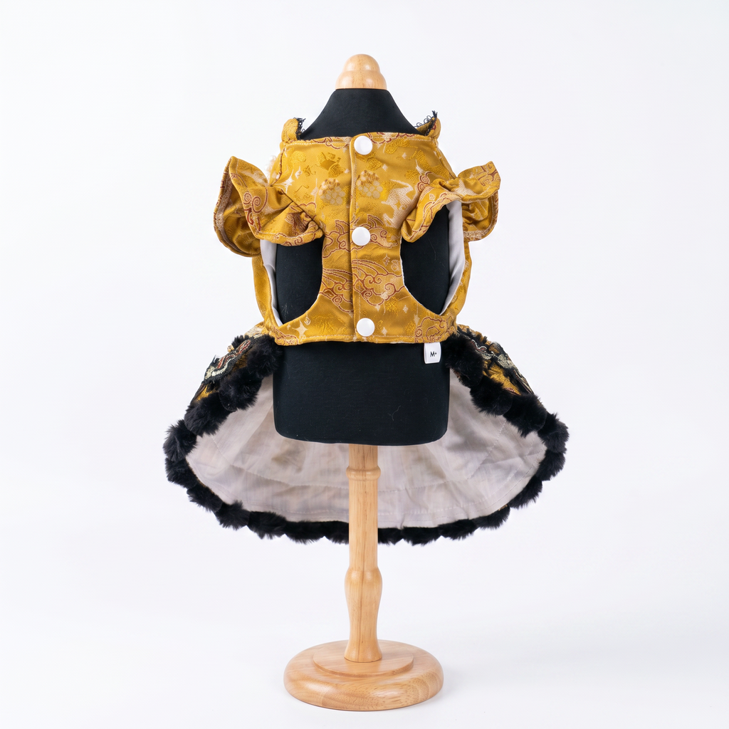 [chubby melon]Vintage Golden Jacquard Chinese Style Pet Lolita Dress, Frog Button Tassel Faux Fur Winter Costume for Small Dogs & Cats