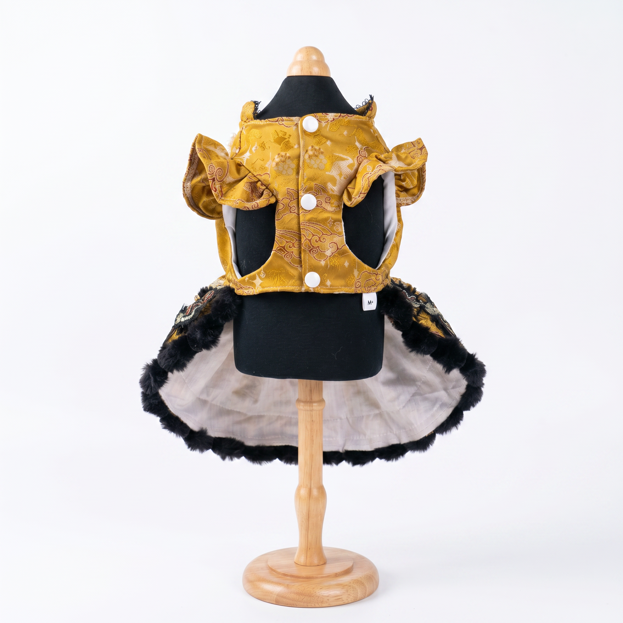 [chubby melon]Vintage Golden Jacquard Chinese Style Pet Lolita Dress, Frog Button Tassel Faux Fur Winter Costume for Small Dogs & Cats