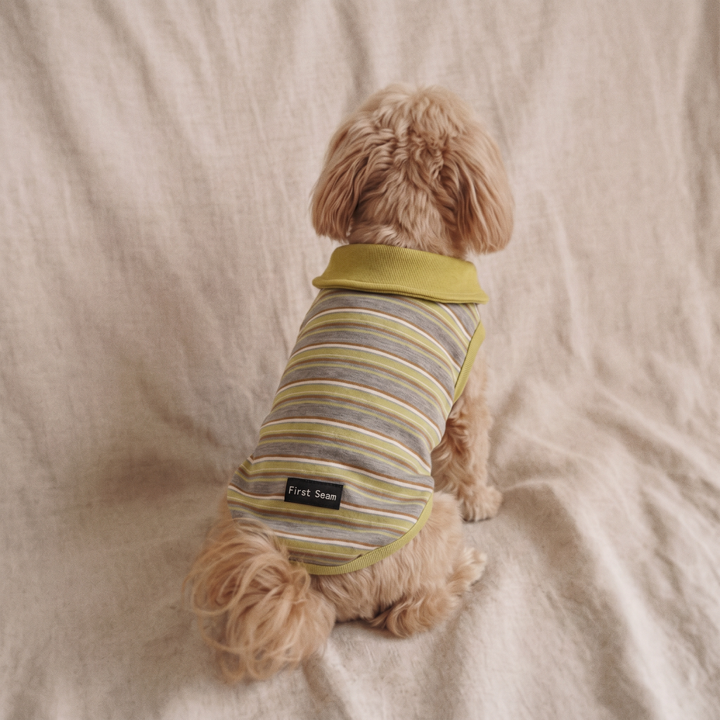 【Chubby Melon】Vintage Stripe Dog Tank Top Green Collar Soft Knit Pet Sleeveless Shirt for Small Dogs