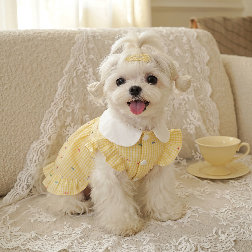 [Chubby melon]Cute Plaid Pet Ruffle Hem Princess Gown, Breathable Daily Outfit for Small Dogs & Cats
