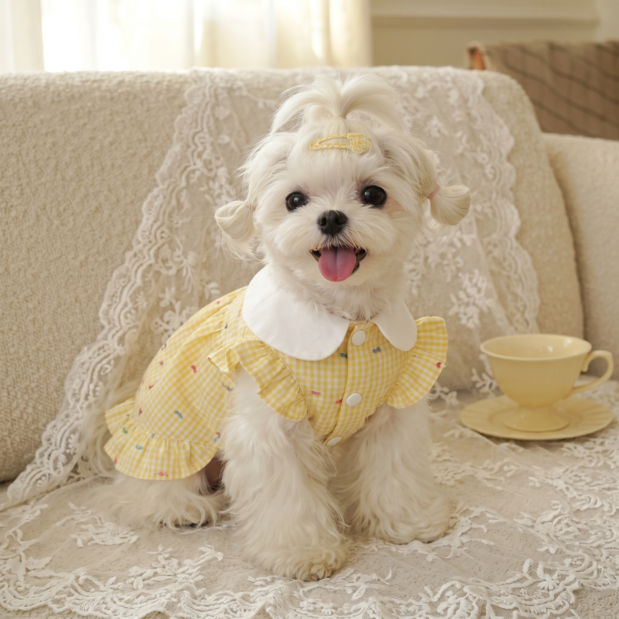 [Chubby melon]Cute Plaid Pet Ruffle Hem Princess Gown, Breathable Daily Outfit for Small Dogs & Cats