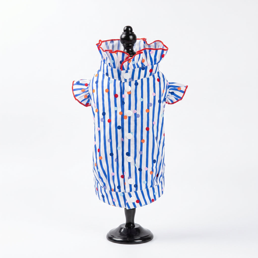 [Chubby melon]Blue & White Stripe Colorful Polka Dot Pet Top, Ruffle Collar Summer Breathable Puppy Shirt