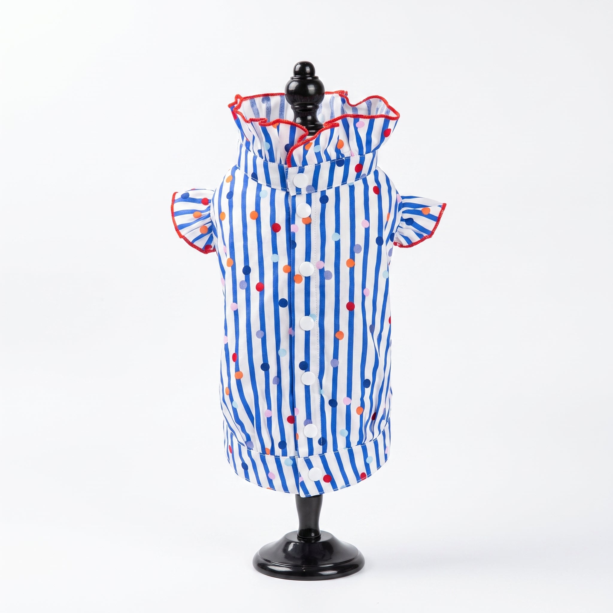 [Chubby melon]Blue & White Stripe Colorful Polka Dot Pet Top, Ruffle Collar Summer Breathable Puppy Shirt