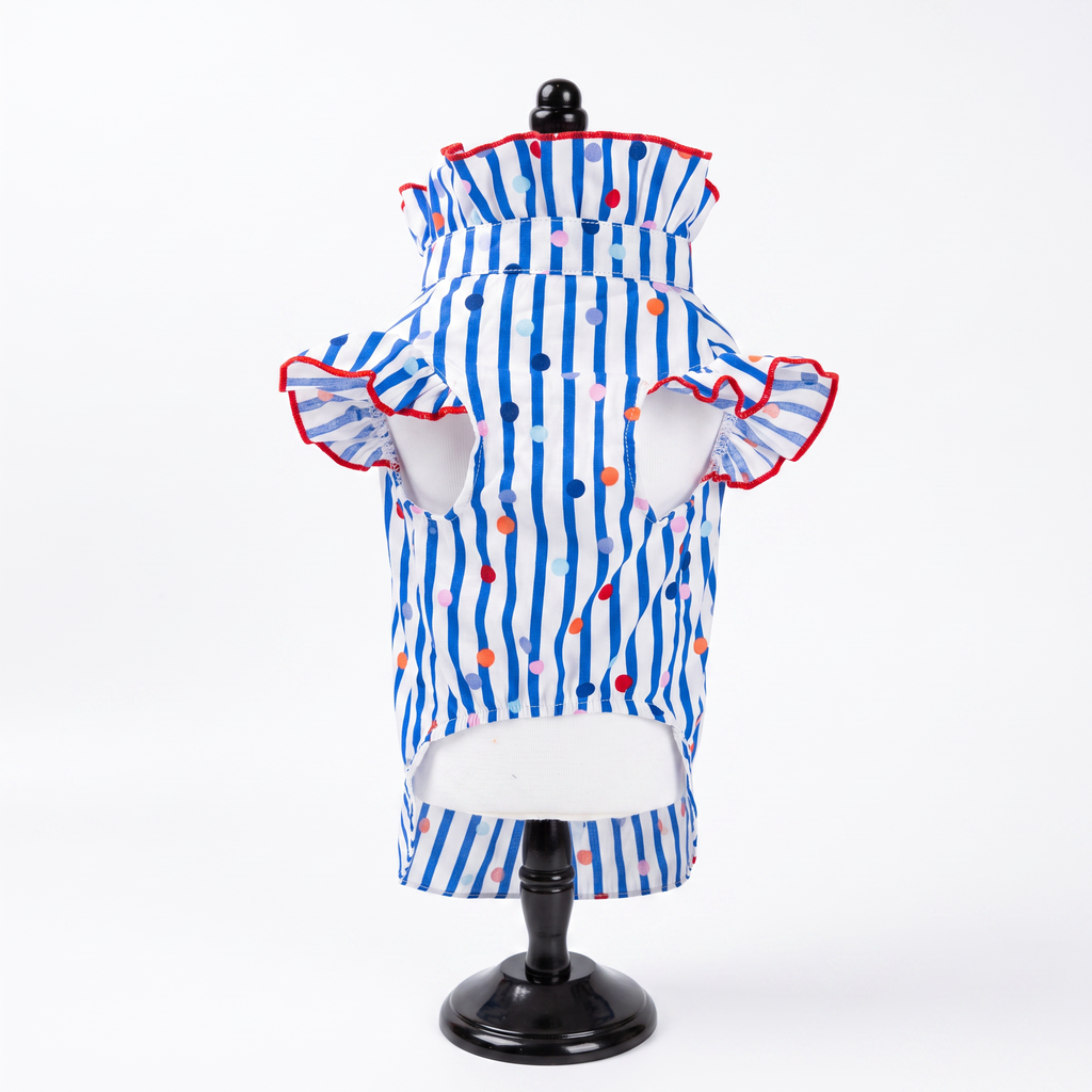 [Chubby melon]Blue & White Stripe Colorful Polka Dot Pet Top, Ruffle Collar Summer Breathable Puppy Shirt