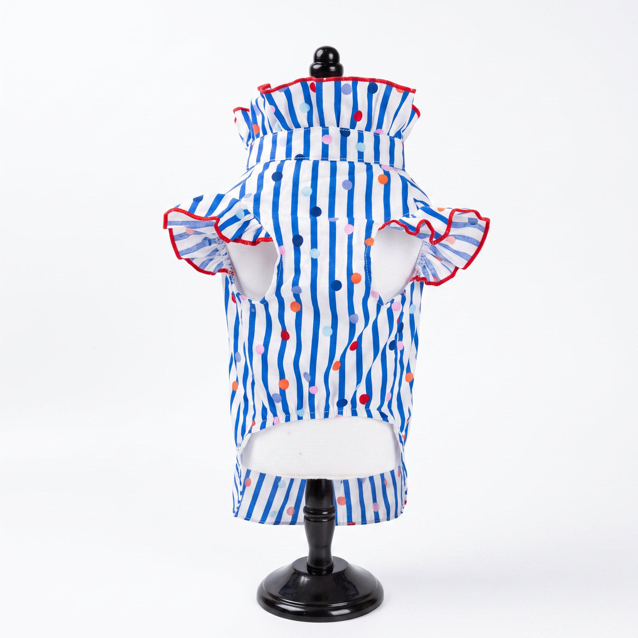 [Chubby melon]Blue & White Stripe Colorful Polka Dot Pet Top, Ruffle Collar Summer Breathable Puppy Shirt