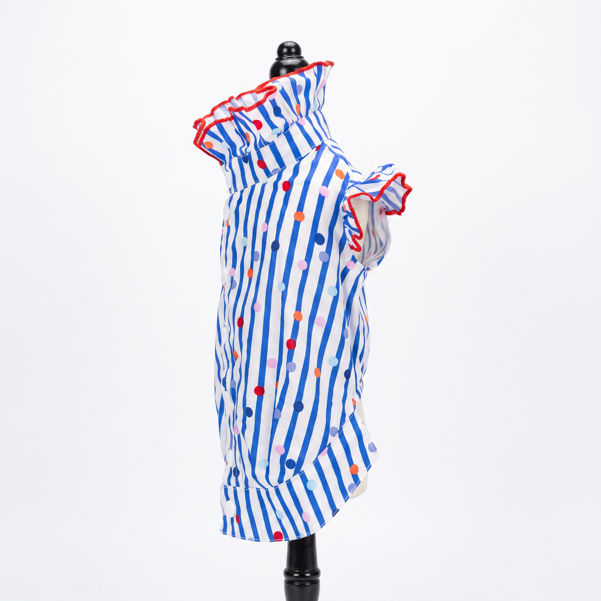 [Chubby melon]Blue & White Stripe Colorful Polka Dot Pet Top, Ruffle Collar Summer Breathable Puppy Shirt
